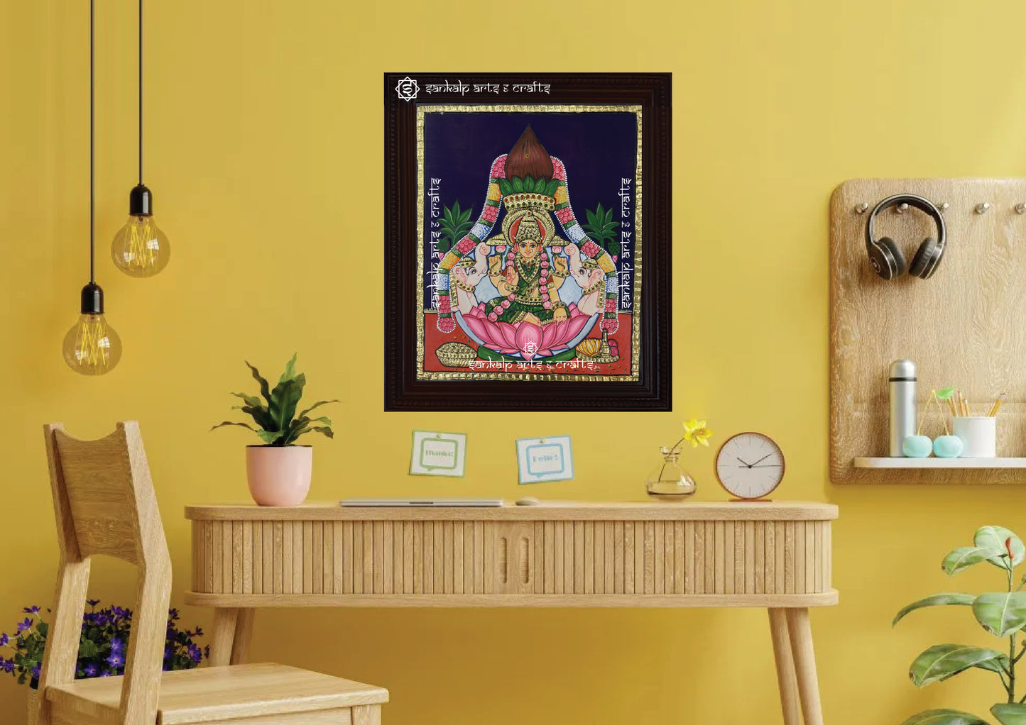 A stunning Tanjore painting of Goddess Varamahalakshmi, bringing divine grace and blessings to home decor. Available in Chennai & Bangalore.