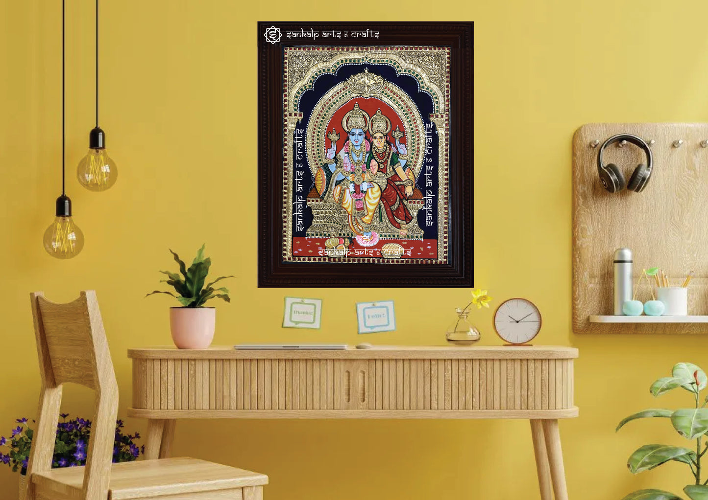 A framed Vishnu Lakshmi Tanjore painting with rich gold accents, perfect for pooja rooms and temples. This traditional masterpiece enhances spiritual ambiance in Chennai & Bangalore.