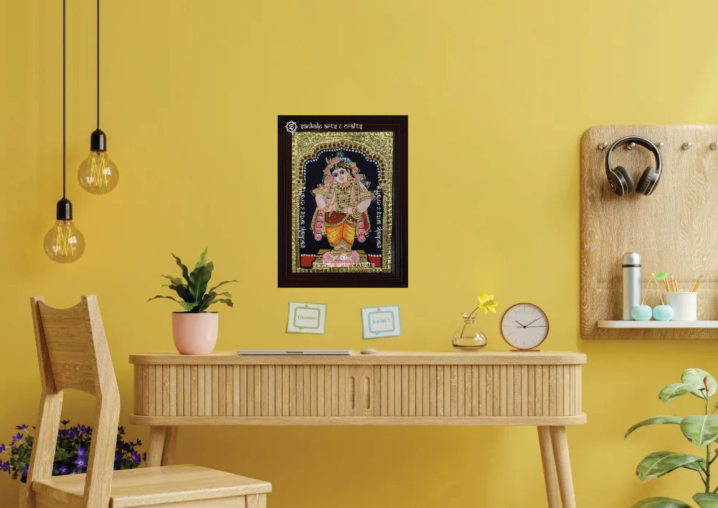 A framed Vitobha Krishna Tanjore painting, radiating divine energy with detailed gold work and rich colors, perfect for enhancing the spiritual atmosphere of your pooja room or living space.