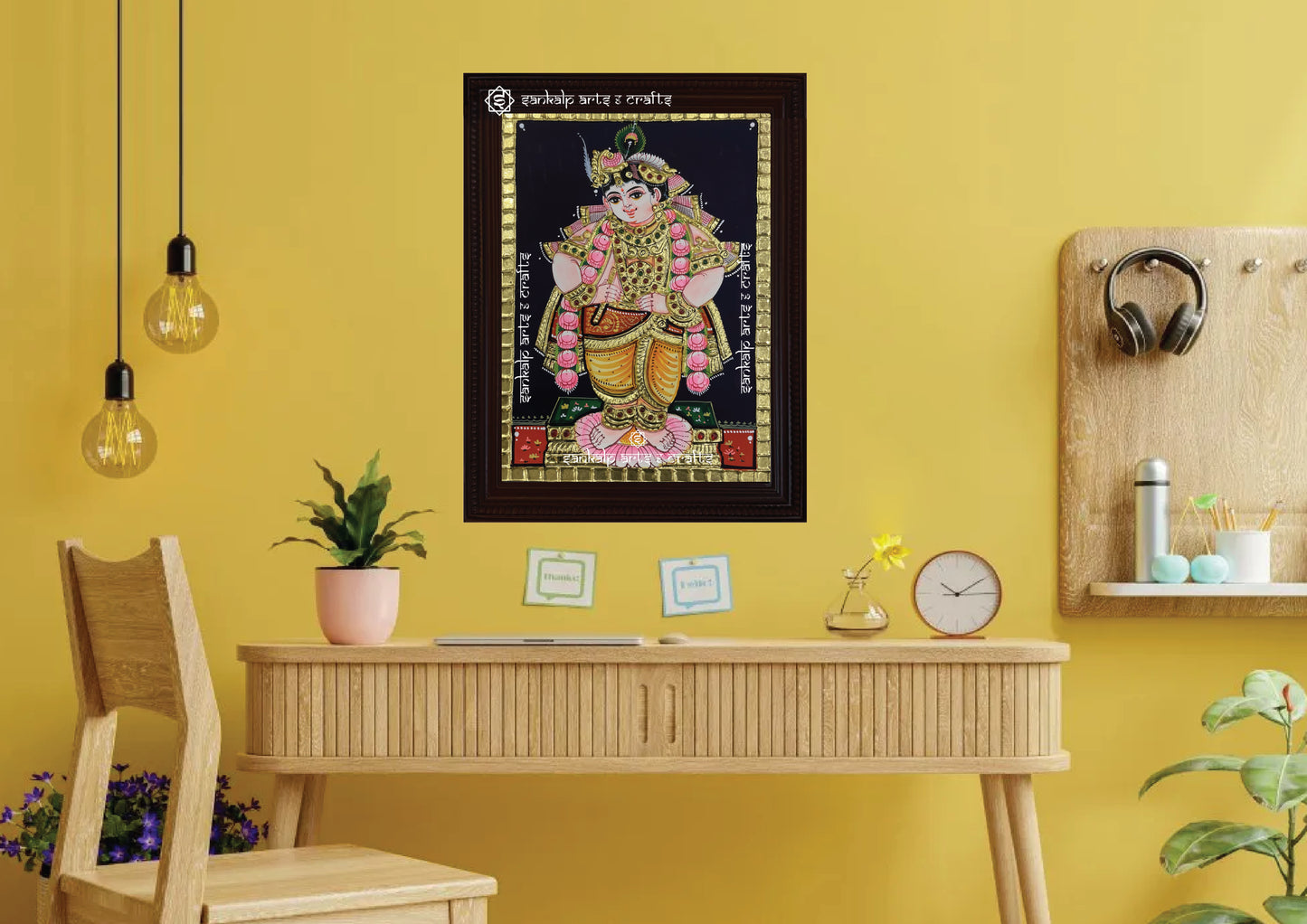 A beautifully framed Vitobha Krishna Tanjore painting, perfect for wall decor. Enhances traditional aesthetics in Chennai & Bangalore homes.