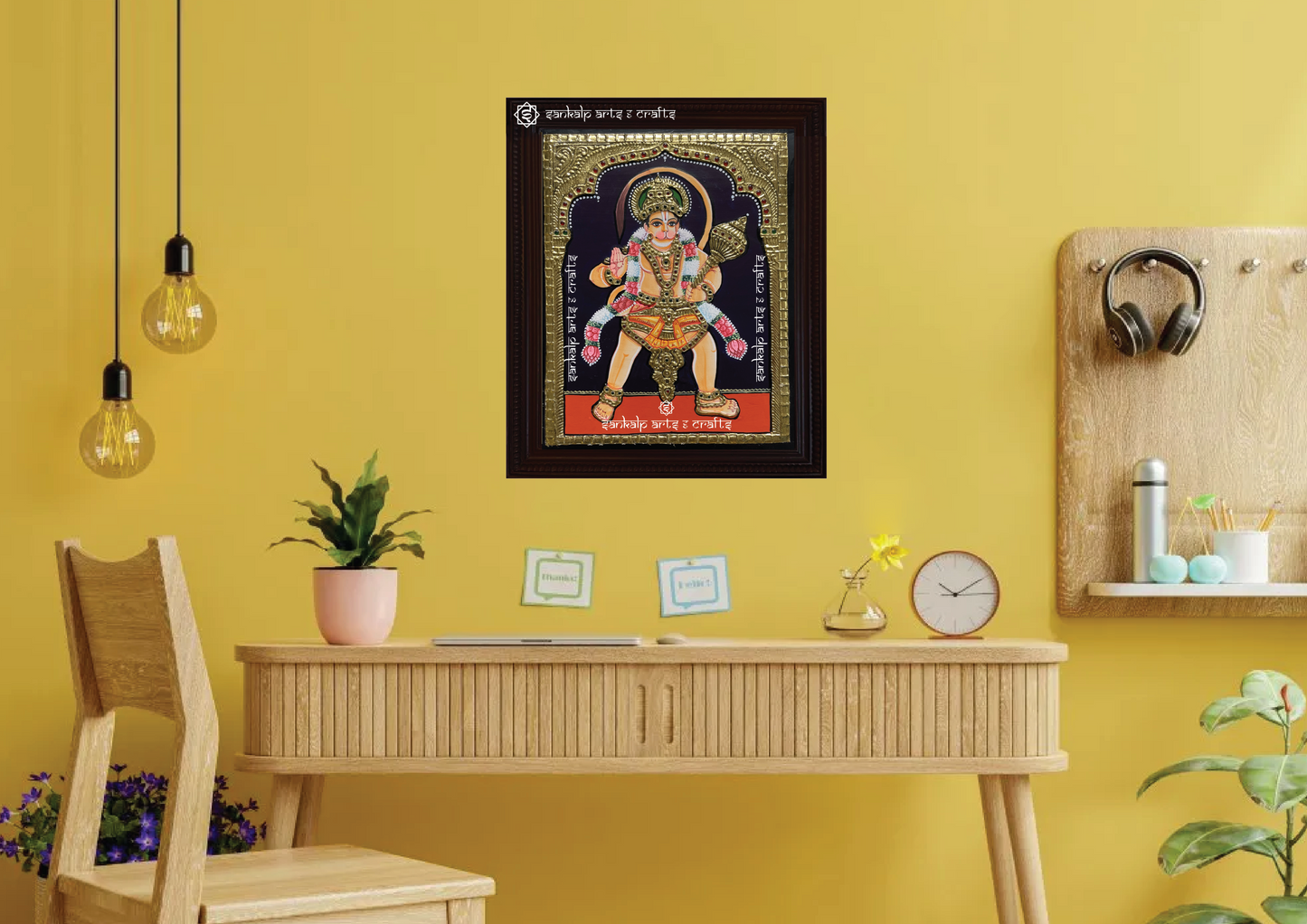 An elegantly framed Abhaya Hanuman Tanjore painting in antique style, perfect for pooja rooms and traditional decor, available in Chennai & Bangalore.