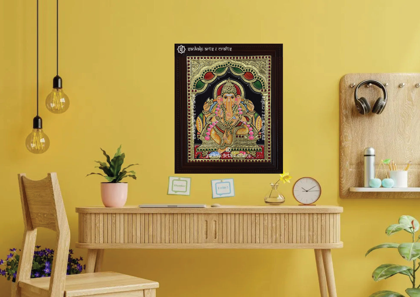 A stunning Tanjore painting of Ganesha, perfect for wall decor in homes and offices across Chennai & Bangalore.