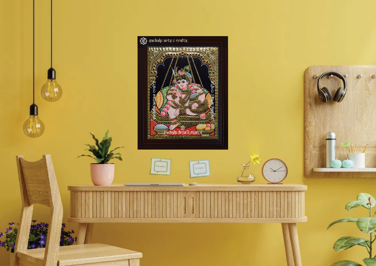 An elegantly framed Krishna Tanjore painting in antique style, perfect for pooja rooms and traditional decor, available in Chennai & Bangalore.