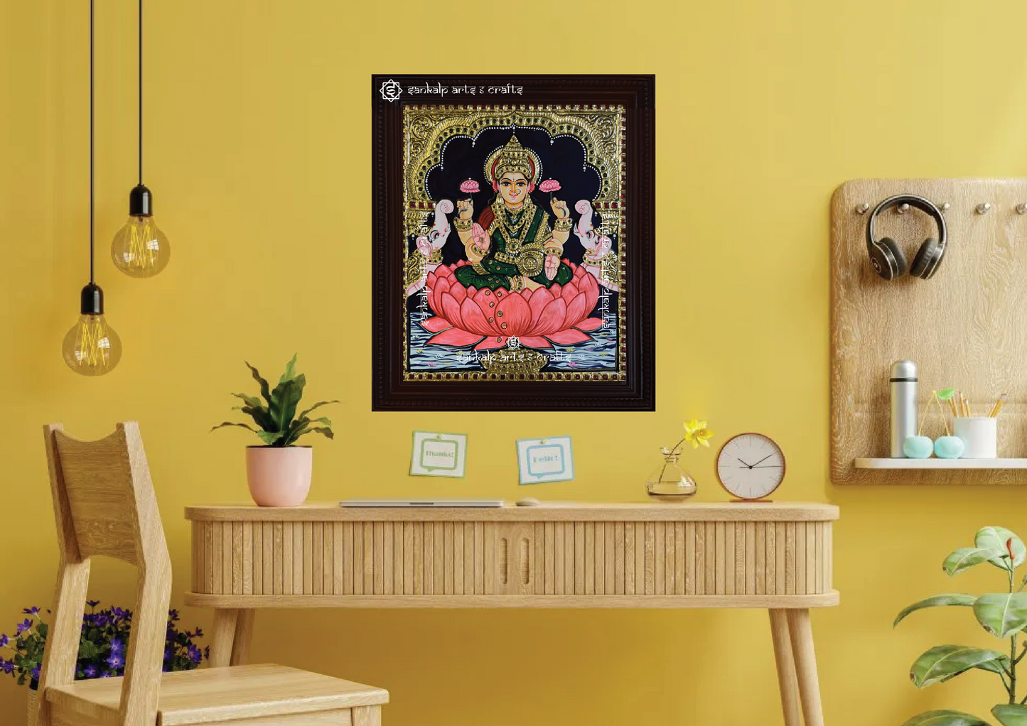 An elegantly framed Mahalakshmi Tanjore painting in antique style, perfect for pooja rooms and traditional decor, available in Chennai & Bangalore.