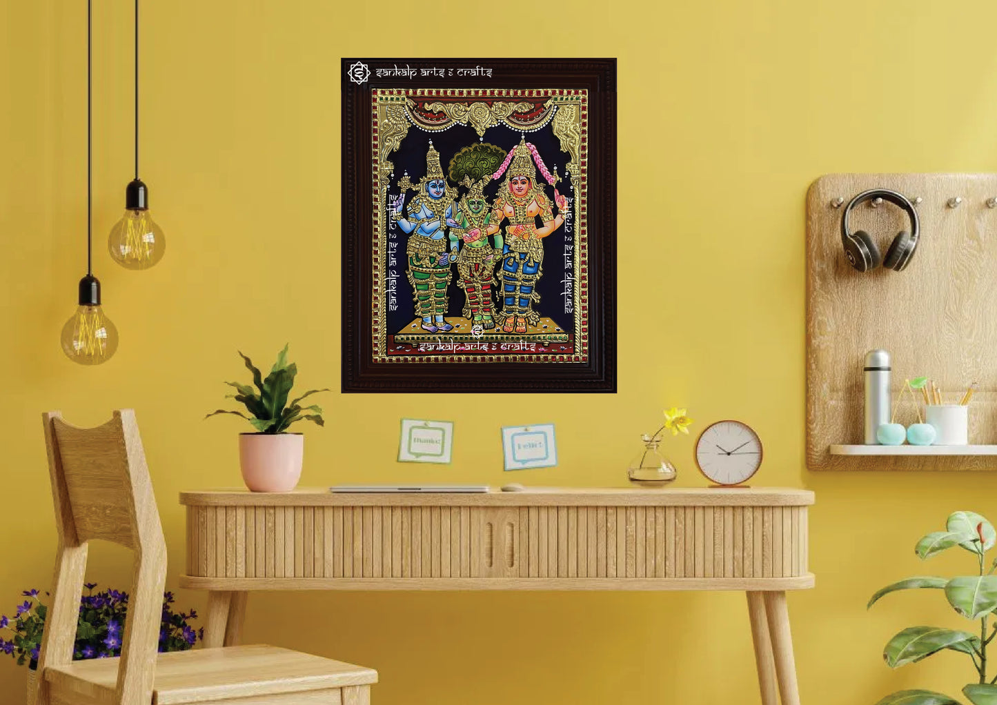 Enhance your decor with this exquisite Meenakshi Kalyanam Tanjore painting, a divine wall art for homes and temples in Chennai & Bangalore.