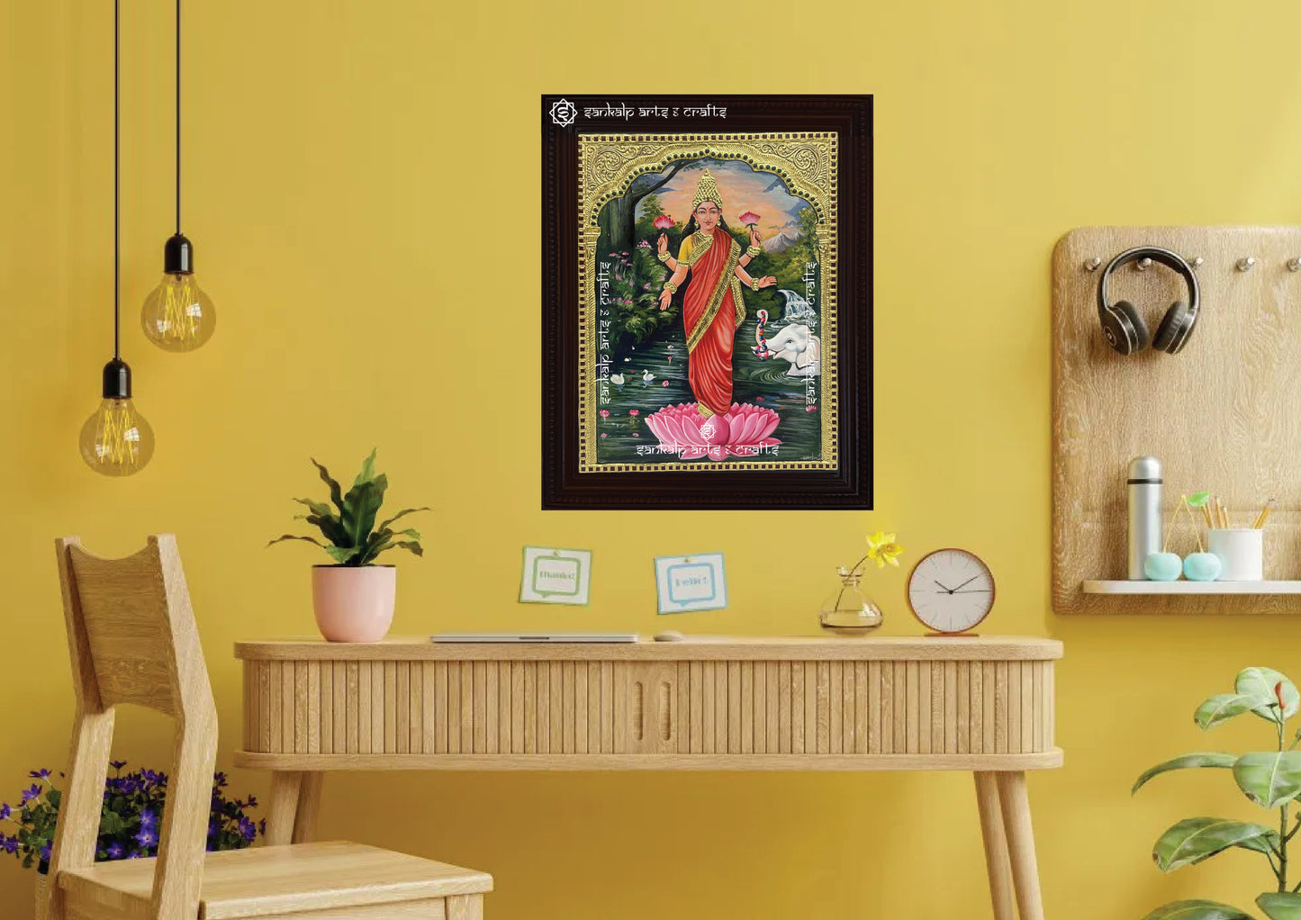 Enhance your decor with this divine Raja Ravi Varma-style Gajalakshmi Tanjore painting, an elegant wall hanging for homes and spiritual spaces in Chennai & Bangalore.