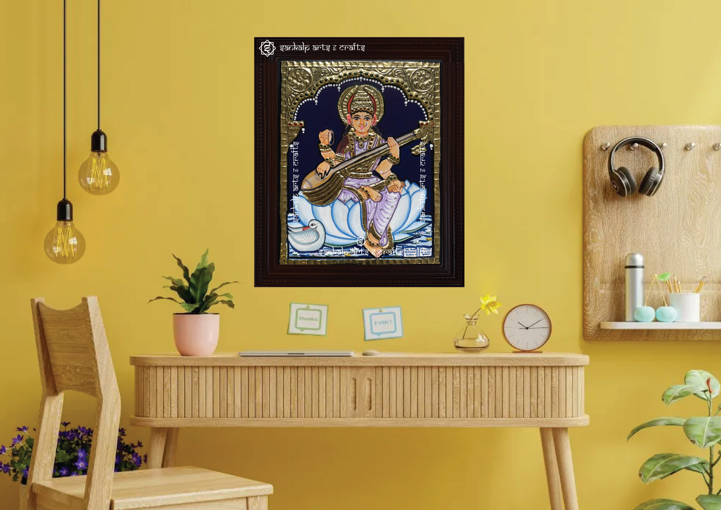 An elegantly framed Saraswathi Tanjore painting in antique style, ideal for pooja rooms and traditional decor, available in Chennai & Bangalore.