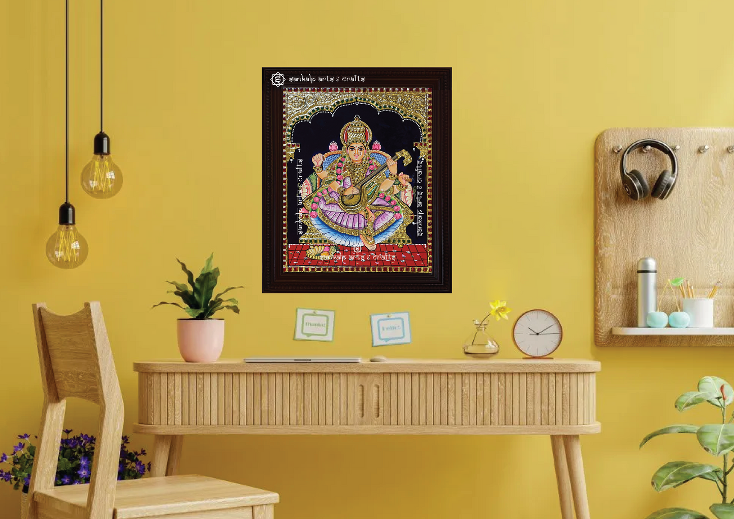 An elegantly framed Saraswathi Tanjore painting in antique style, ideal for pooja rooms and traditional decor, available in Chennai & Bangalore.