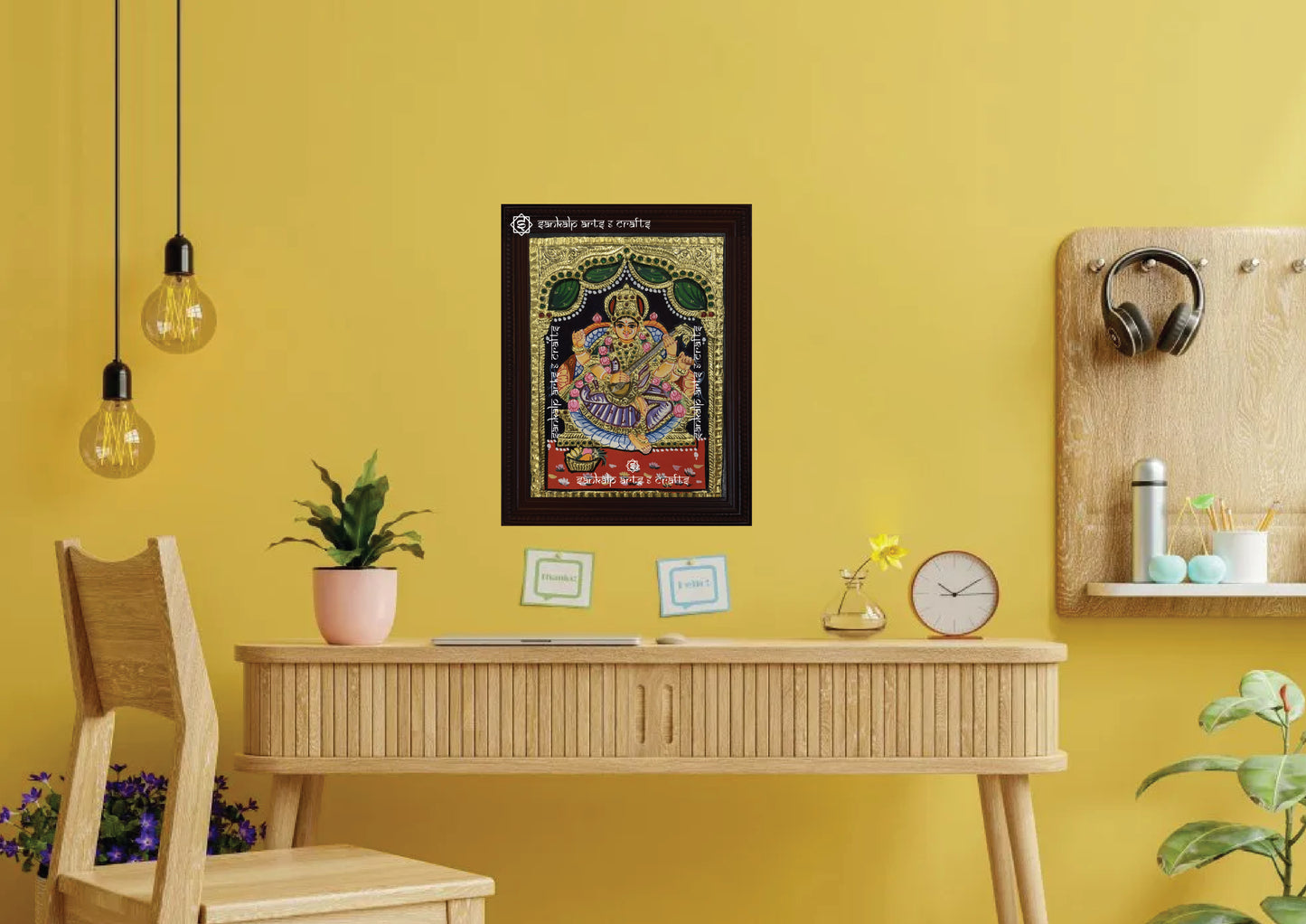 An elegantly framed Saraswathi Tanjore painting in antique style, ideal for pooja rooms and traditional decor, available in Chennai & Bangalore.