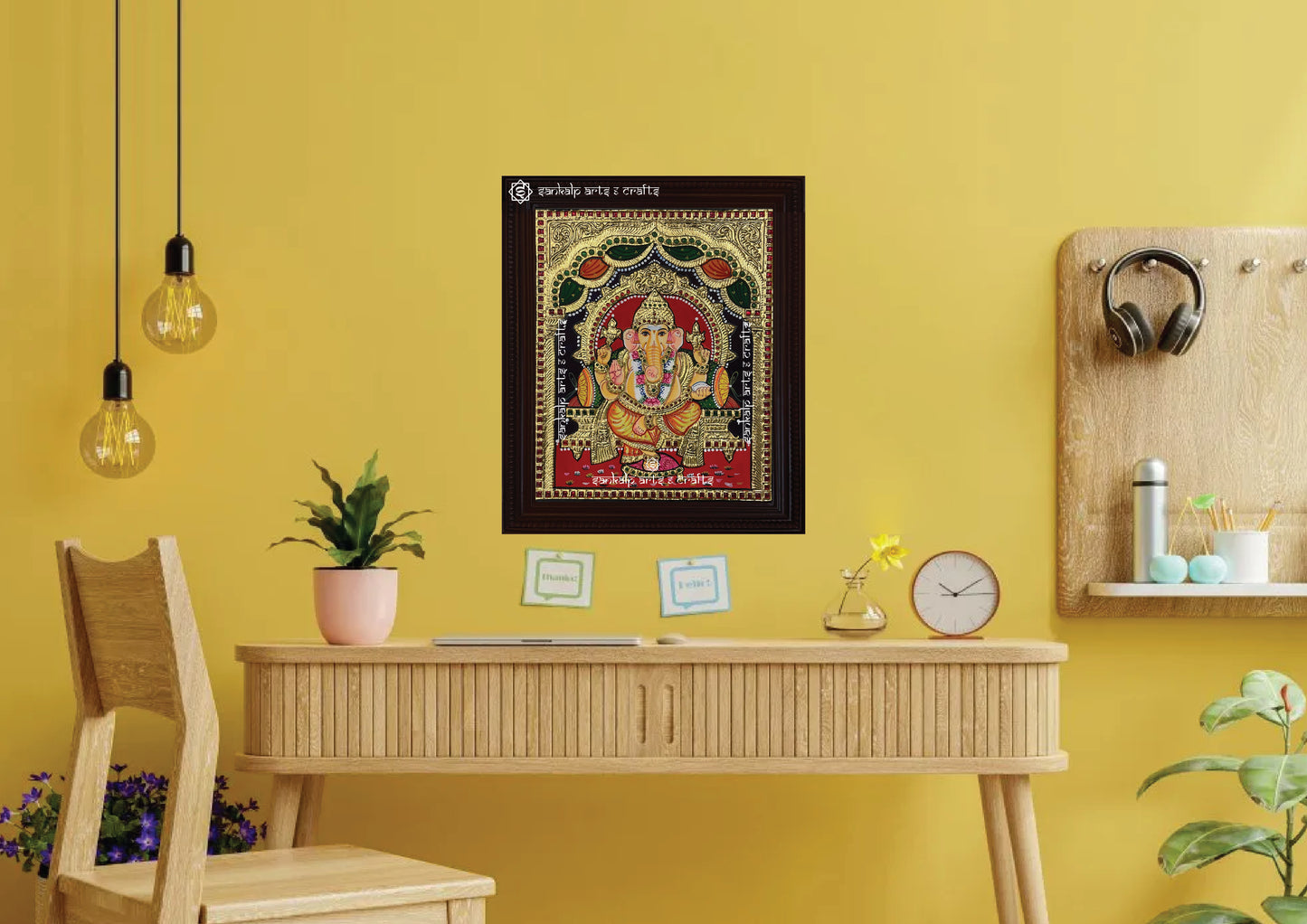 A beautifully framed Ganesha Tanjore painting, ideal for adding elegance to pooja room decor in Chennai & Bangalore.