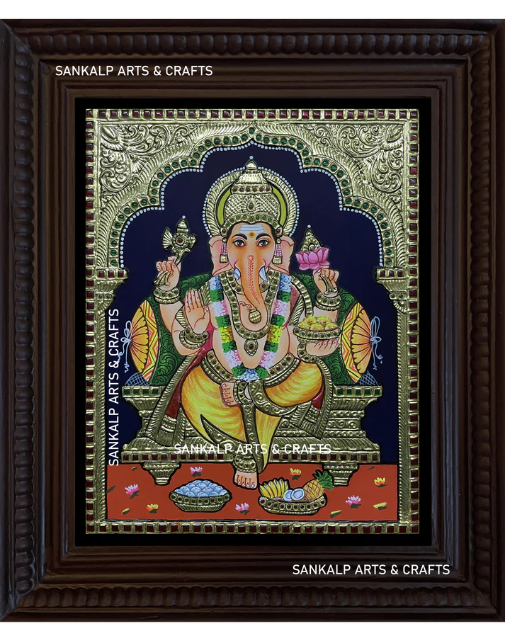 Ganesha Tanjore painting available in its vivid colors with original 22 carat Gold overlaid with semi precious Kundan stones - Sankalp Arts and Crafts - House of Tanjore paintings