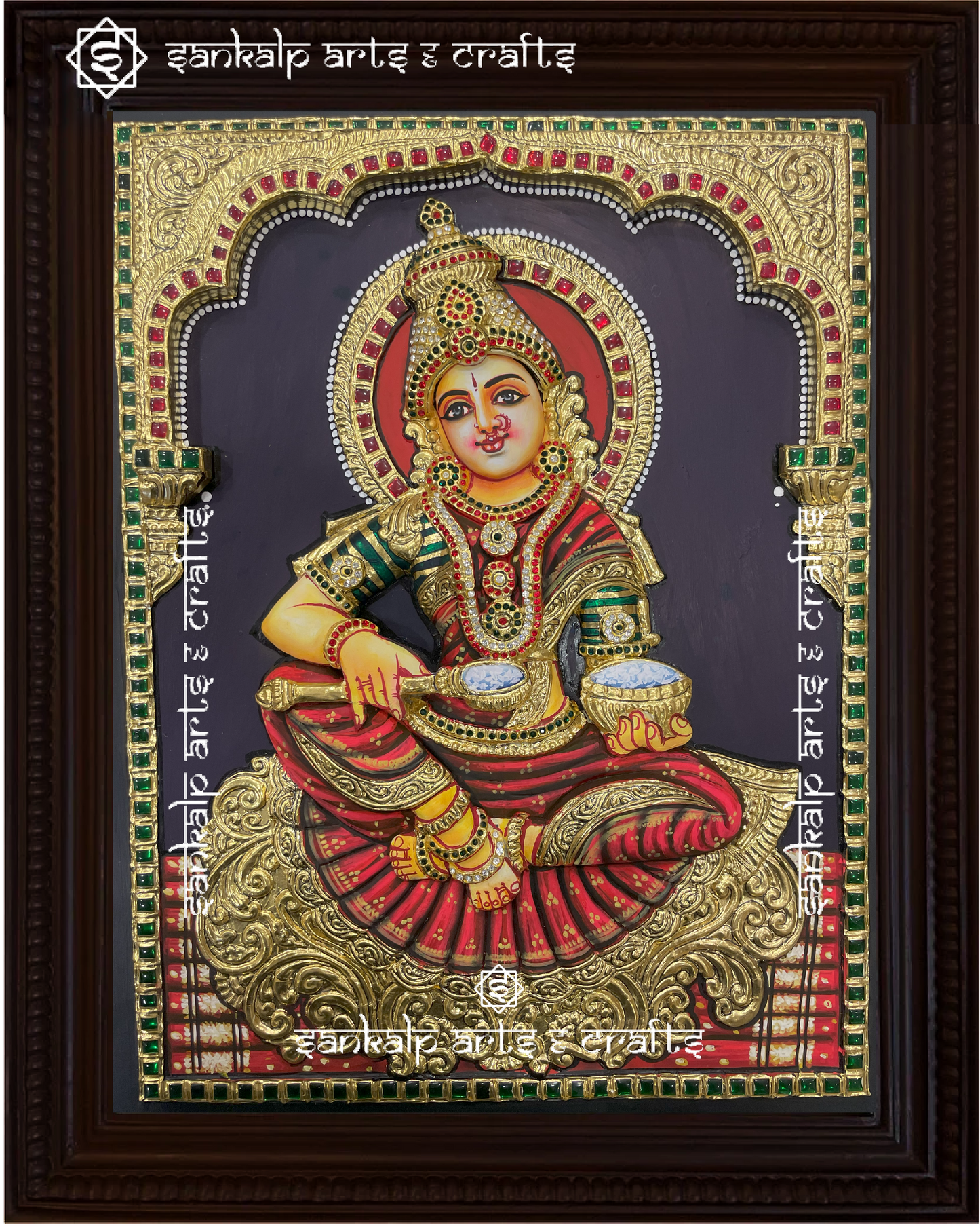 A close-up of the 3D Annapoorni Tanjore painting, showcasing the goddess’s divine aura, rich textures, raised gold work, and vibrant colors for an immersive visual experience.

