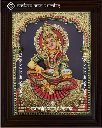 A close-up of the 3D Annapoorni Tanjore painting, showcasing the goddess’s divine aura, rich textures, raised gold work, and vibrant colors for an immersive visual experience.

