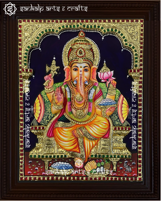 A stunning 3D Ganesha Tanjore painting with intricate gold foil detailing, adding divine charm to decor in Chennai & Bangalore.

