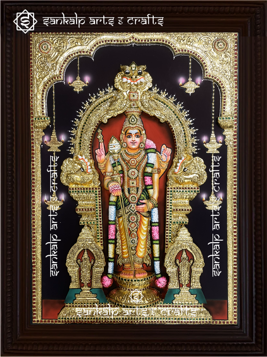 A mesmerizing 3D Tanjore painting of Tiruchendur Murugan, handcrafted with rich gold foil and intricate details. Available in Chennai & Bangalore.