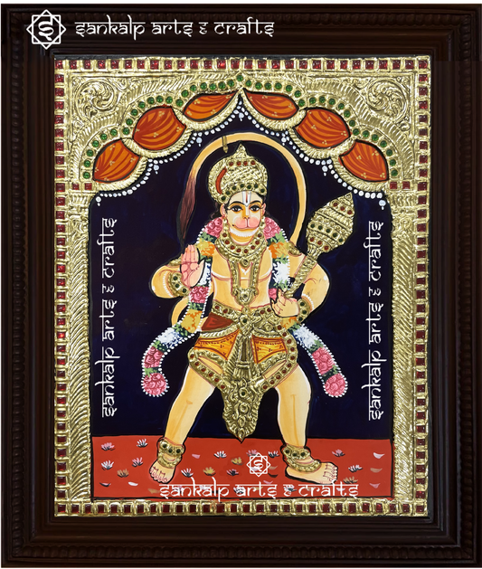 A beautifully handcrafted Abhaya Hanuman Tanjore painting depicting Lord Hanuman in a blessing posture, symbolizing strength, devotion, and divine protection. The artwork features intricate gold foil detailing and vibrant colors.