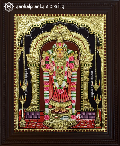 A beautifully detailed Akilandeshwari Tanjore painting, featuring intricate gold foil work and vibrant colors that depict the goddess Akilandeshwari in traditional Indian style.

