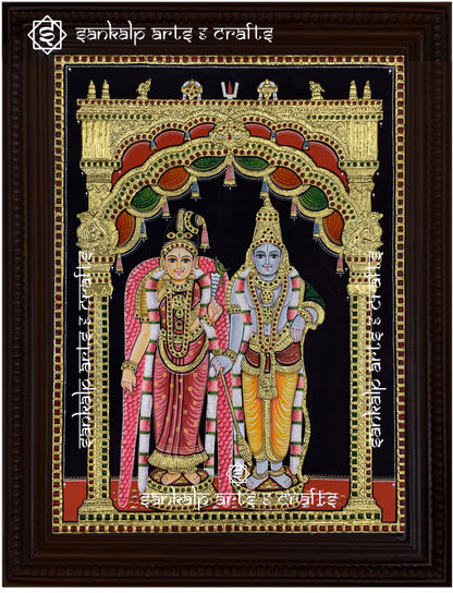 A stunning Andal Rangamannar Tanjore painting featuring Andal and Lord Ranganatha in intricate gold foil detailing. A perfect spiritual décor for homes in Chennai & Bangalore.