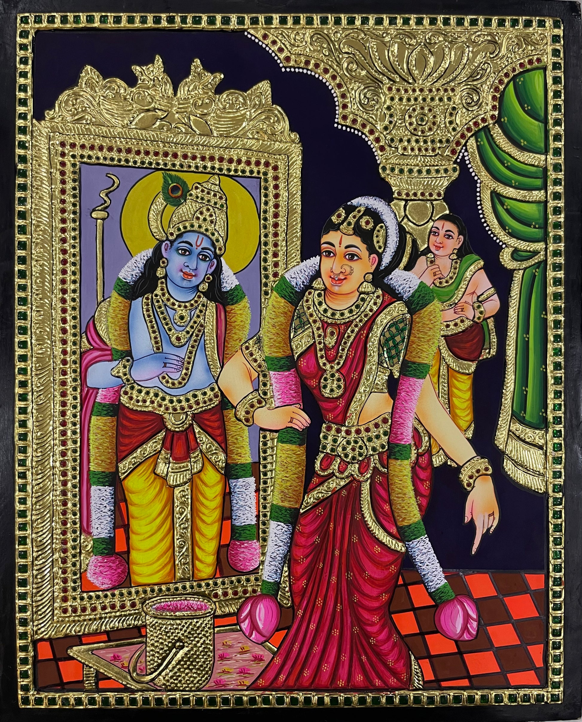 A close-up view of the Andal Tanjore painting, highlighting the rich textures, delicate gold accents, and divine expression, perfect for enhancing a spiritual space.