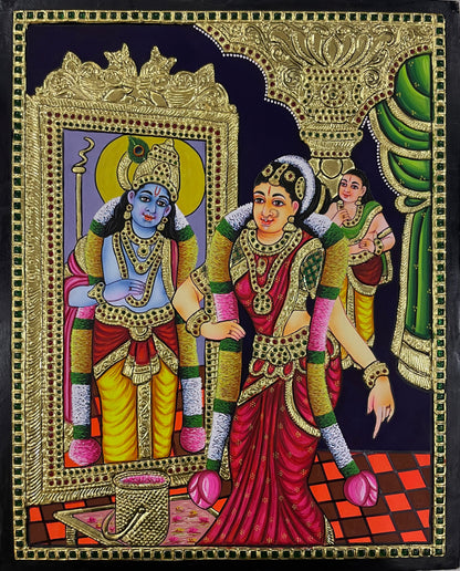A close-up view of the Andal Tanjore painting, highlighting the rich textures, delicate gold accents, and divine expression, perfect for enhancing a spiritual space.