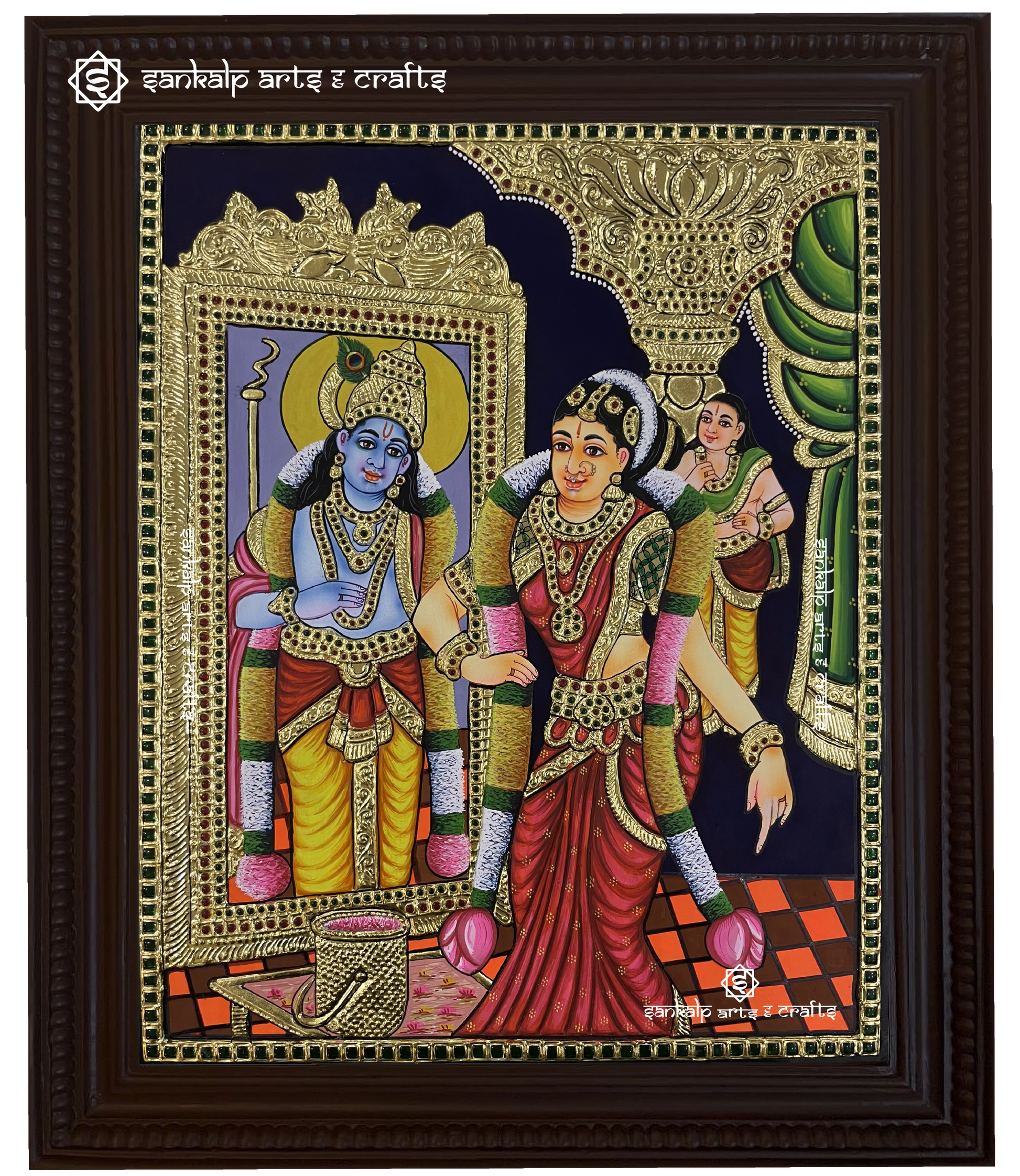 A stunning Andal Tanjore painting, beautifully depicting the goddess in traditional style with intricate gold foil work, vibrant colors, and exquisite detailing.

