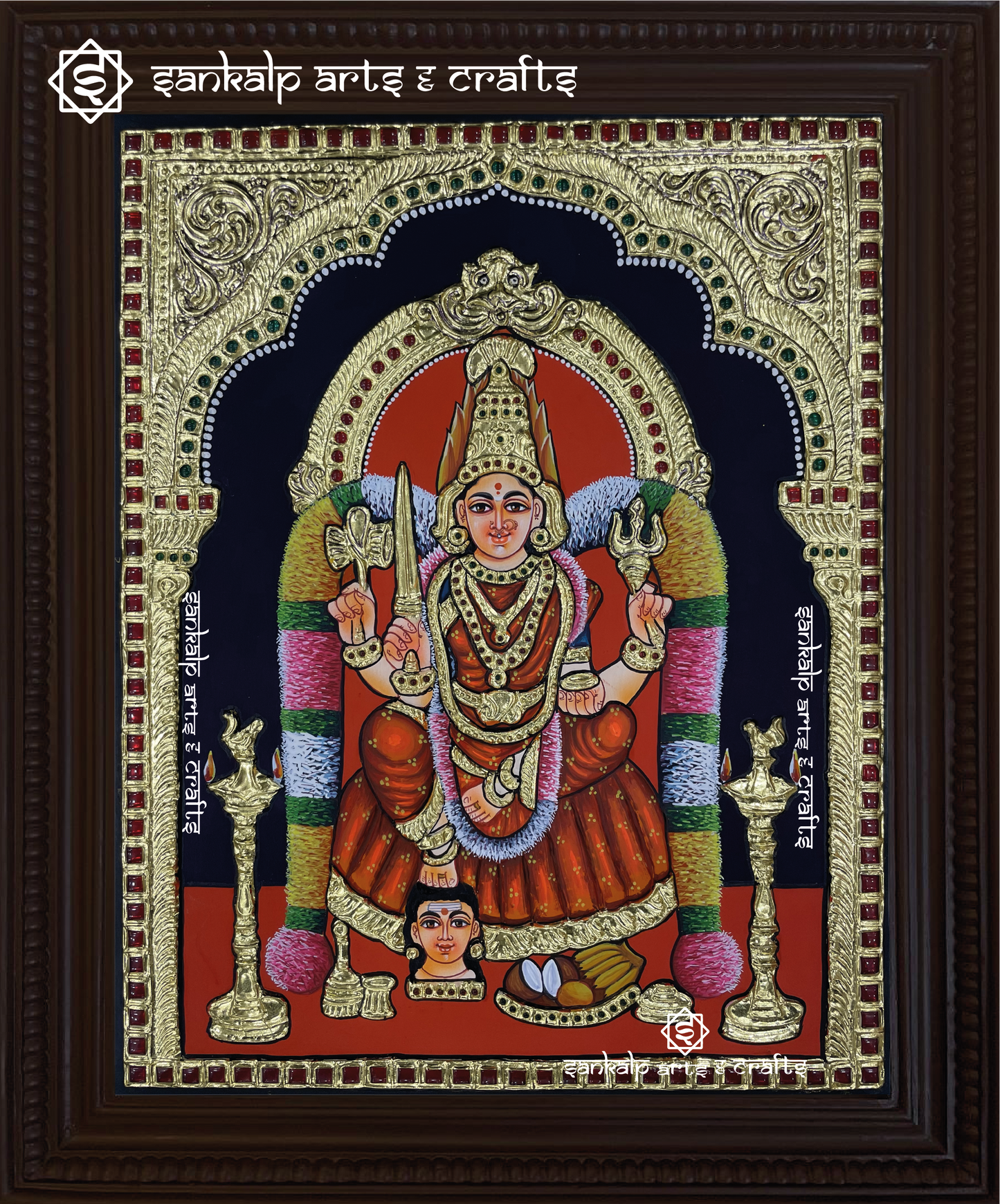 Angala Parameswari Tanjore painting, showcasing the goddess in vibrant colors with intricate detailing, capturing her divine essence in traditional Indian art style.