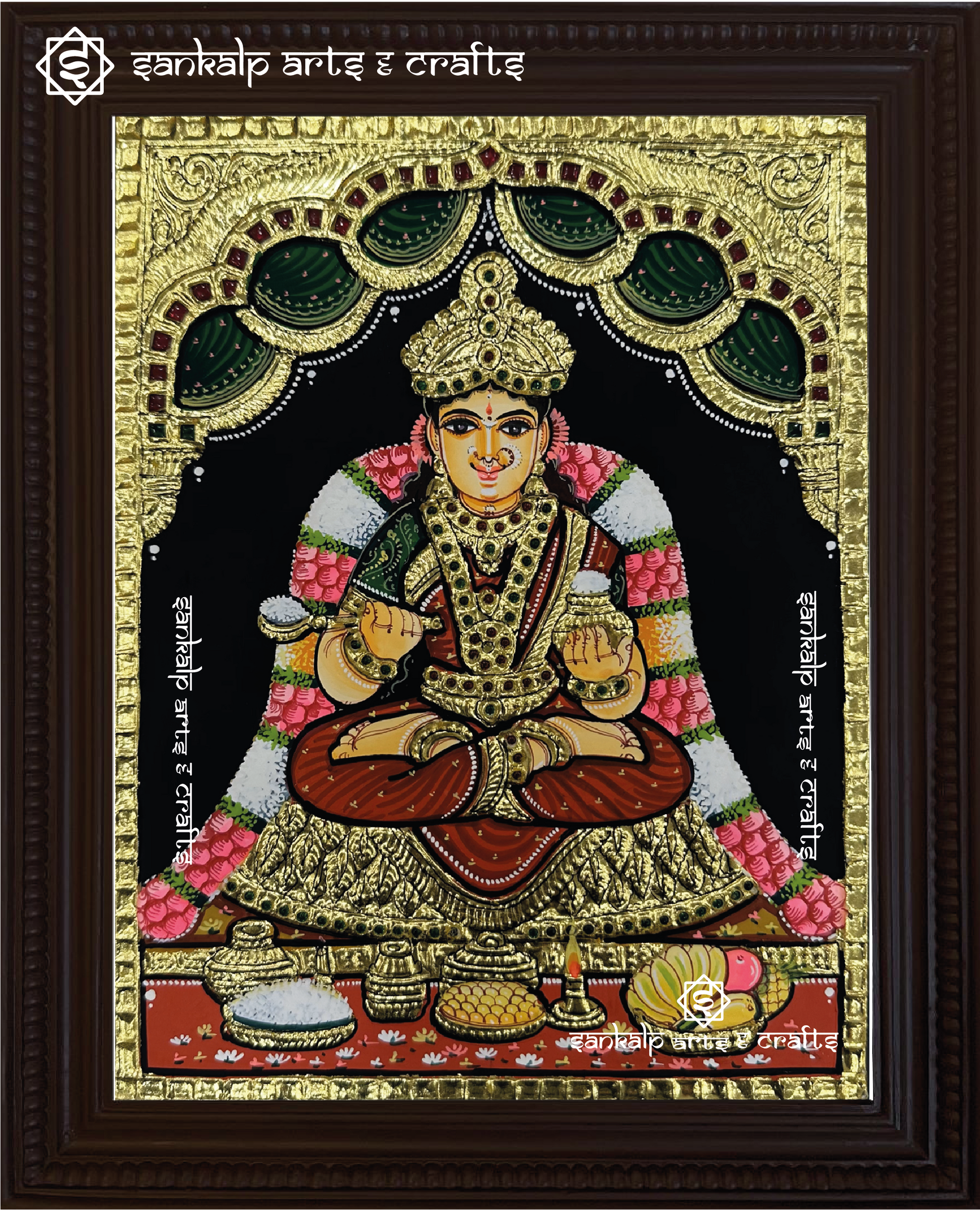 A divine Annapoorani Tanjore painting featuring the goddess of nourishment gracefully adorned in a maroon saree, with intricate gold foil detailing and rich traditional colors.

