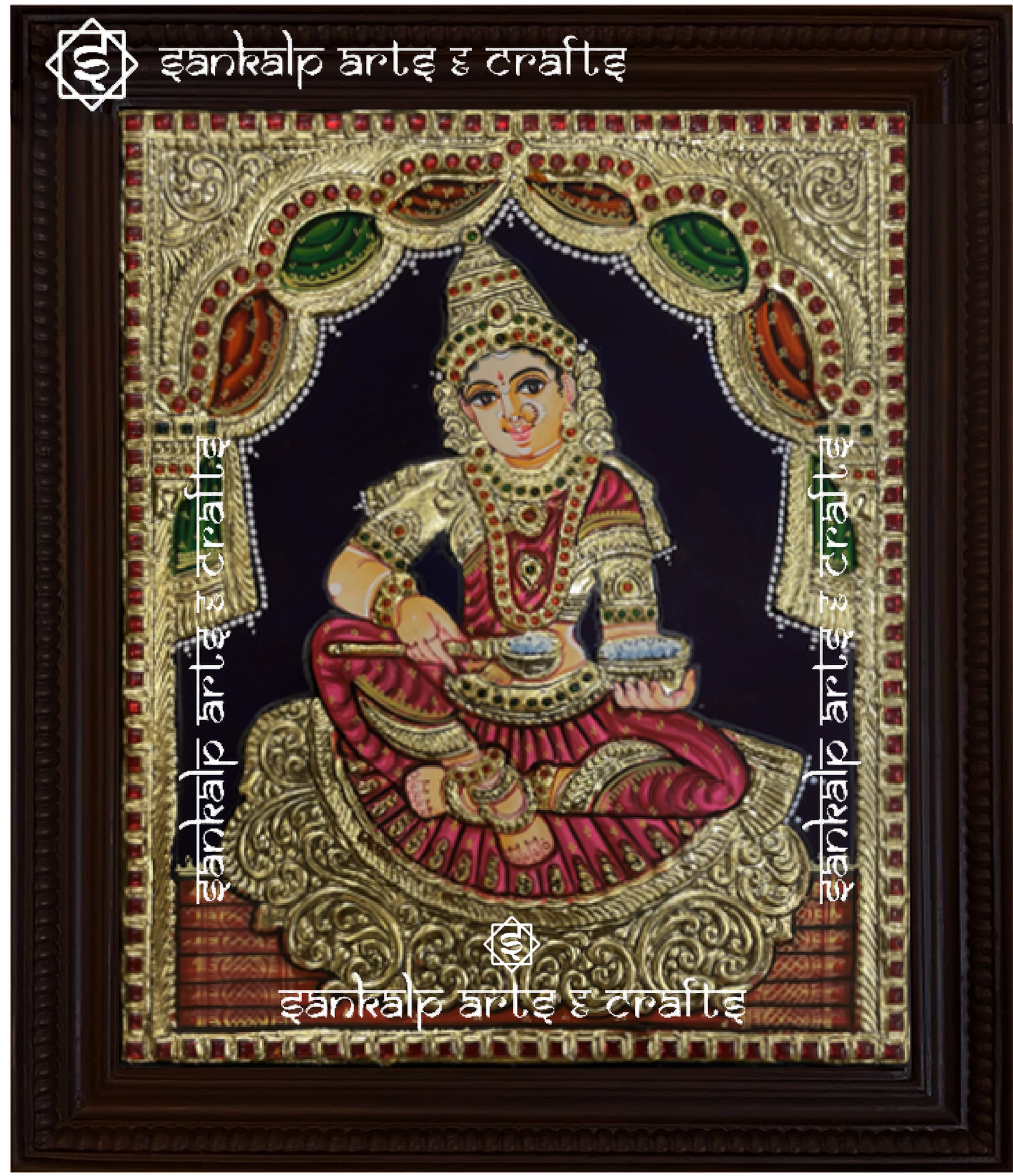 A beautiful Annapoorni Tanjore painting, showcasing the goddess of nourishment in vibrant colors with intricate gold foil detailing, symbolizing abundance and grace.