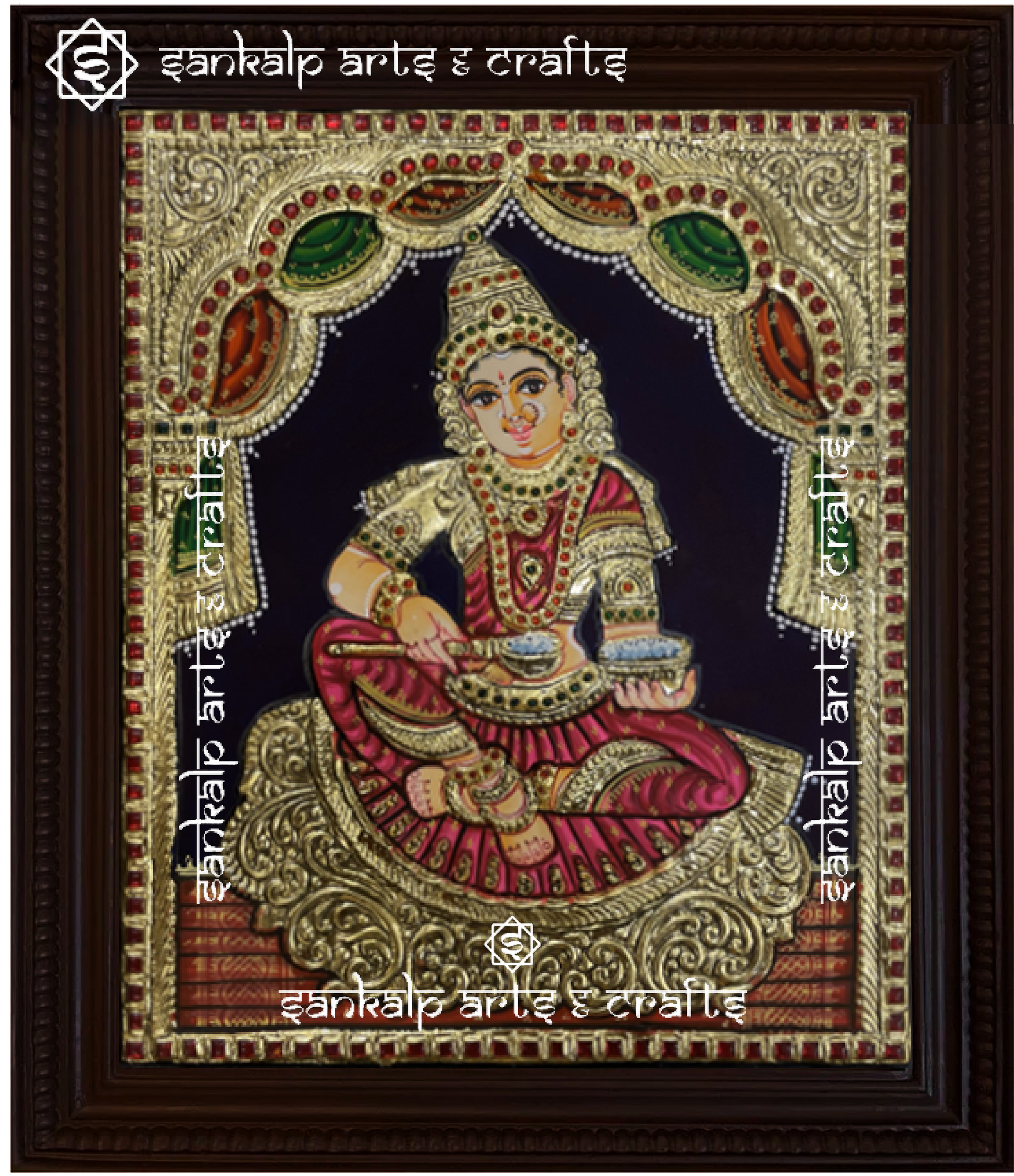 A beautiful Annapoorni Tanjore painting, showcasing the goddess of nourishment in vibrant colors with intricate gold foil detailing, symbolizing abundance and grace.