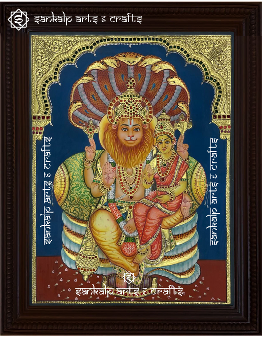 A mesmerizing antique-style Tanjore painting of Lakshmi Narasimhan, crafted with gold foil and rich colors for traditional decor in Chennai & Bangalore.

