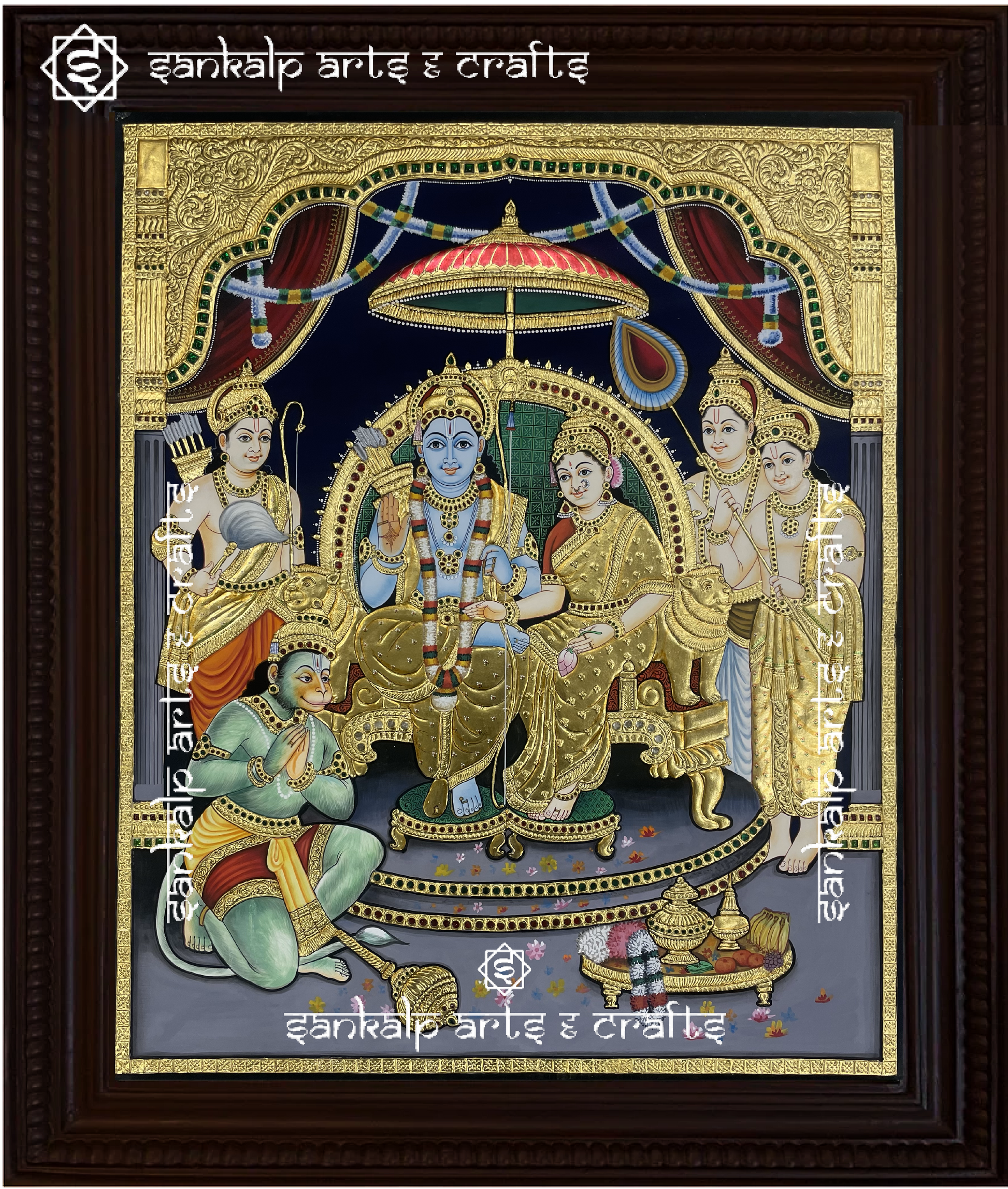 A beautifully framed antique-style Tanjore painting of Ram Darbar, featuring Lord Rama, Sita, Lakshmana, and Hanuman with rich gold detailing. A perfect decor piece for homes in Chennai & Bangalore.
