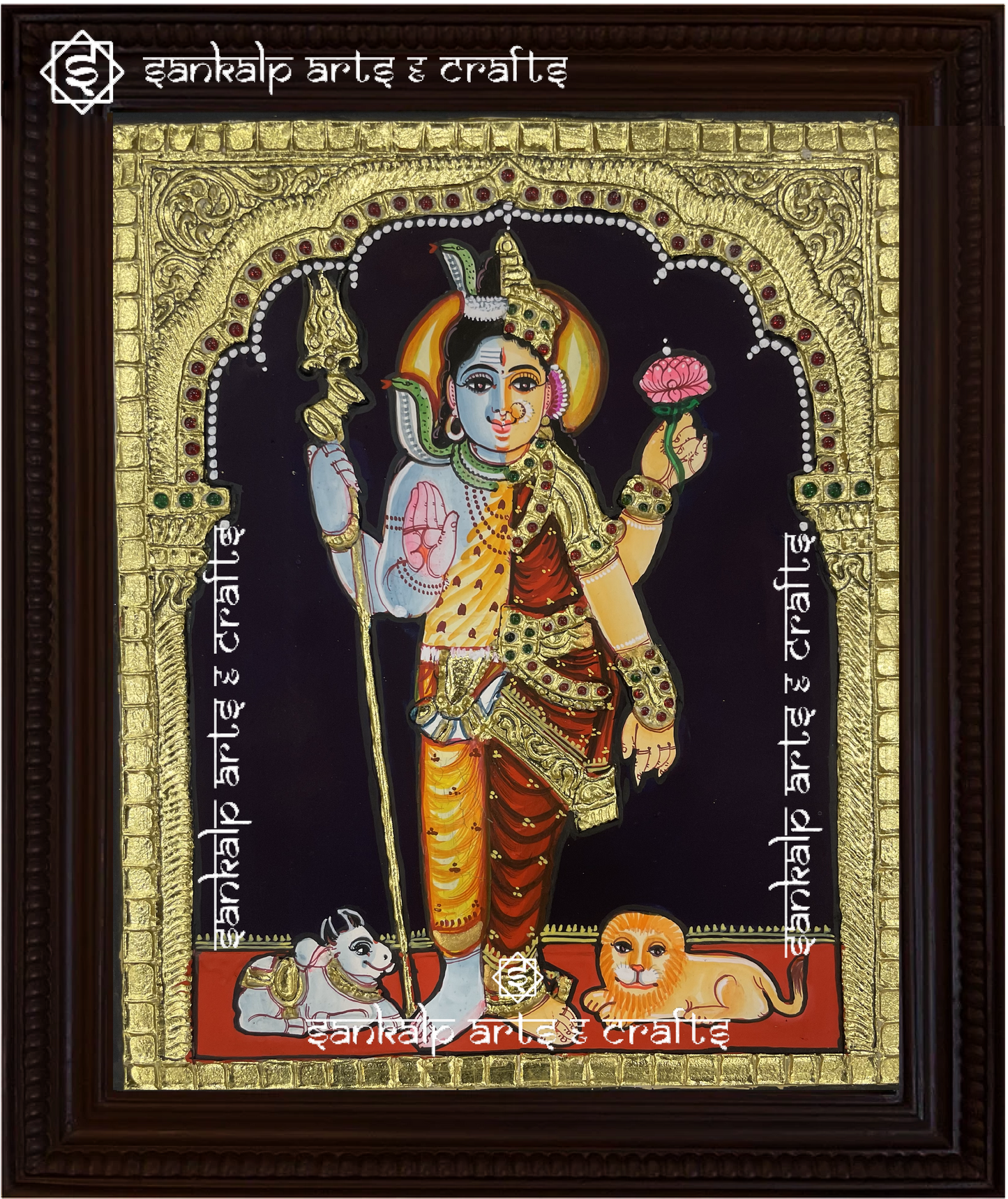 A beautifully handcrafted Arthanareeswarar Tanjore painting depicting the divine union of Lord Shiva and Goddess Parvathi, symbolizing balance and harmony. The intricate gold foil detailing and vibrant colors enhance the spiritual energy of this sacred artwork.

