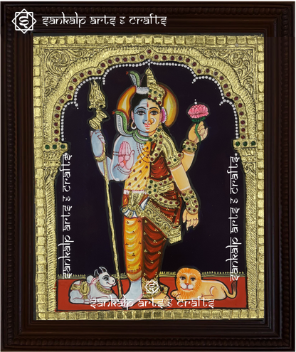 A beautifully handcrafted Arthanareeswarar Tanjore painting depicting the divine union of Lord Shiva and Goddess Parvathi, symbolizing balance and harmony. The intricate gold foil detailing and vibrant colors enhance the spiritual energy of this sacred artwork.

