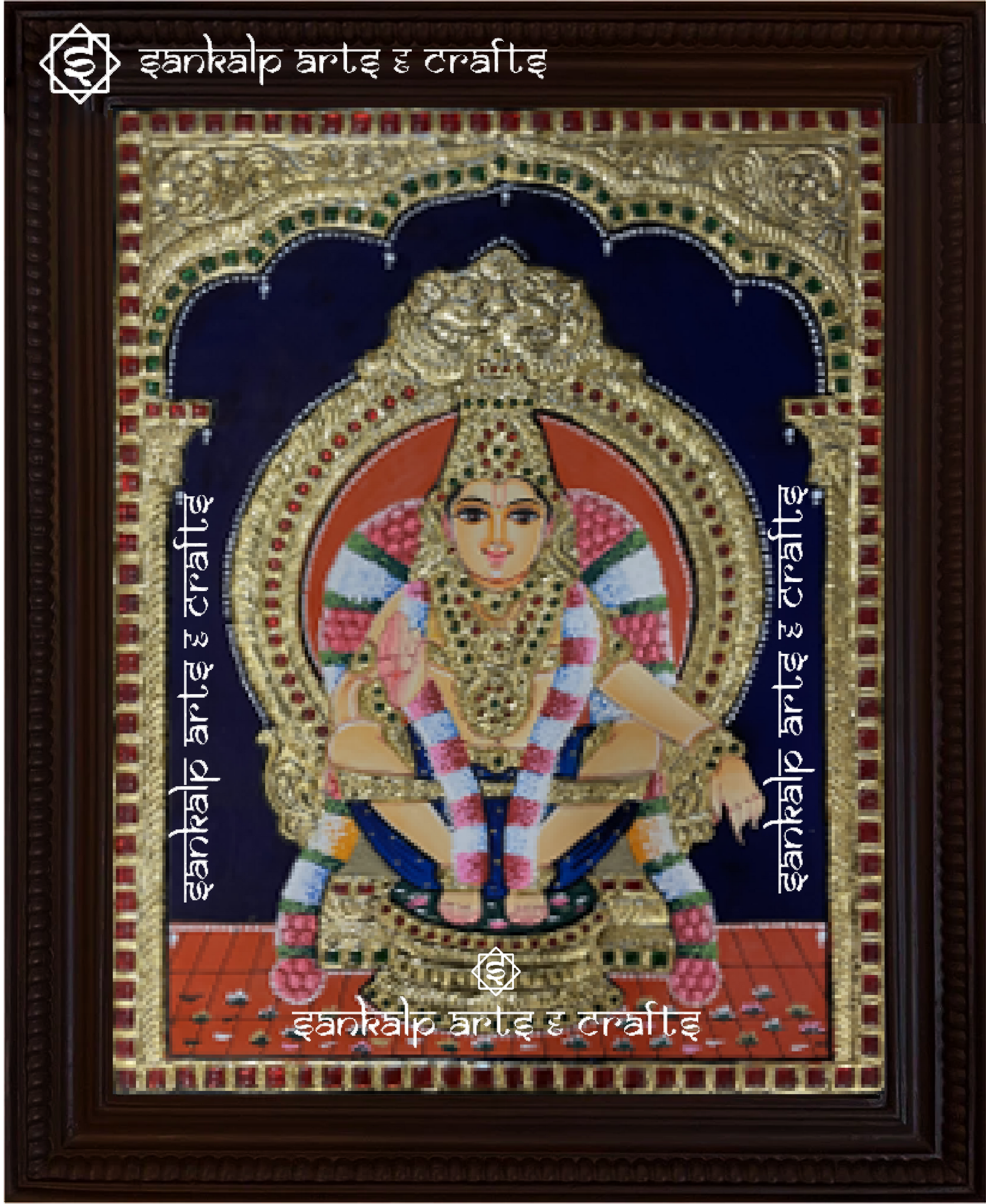 A beautifully framed Tanjore painting of Lord Ayyappan, seated in a meditative pose with rich gold detailing. A perfect decor piece for homes in Chennai & Bangalore.