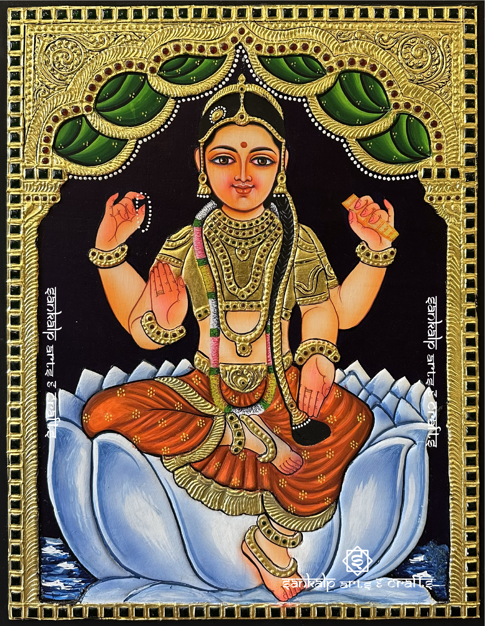 A close-up of the Bala Tripura Sundari Tanjore painting, beautifully depicting the goddess with delicate details and vibrant hues, ideal for adding a sacred touch to any space.