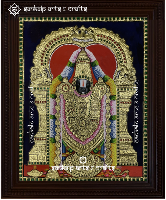 A beautifully framed Tanjore painting of Lord Balaji, adorned with rich gold foil and vibrant colors. A perfect decor piece for homes in Chennai & Bangalore.