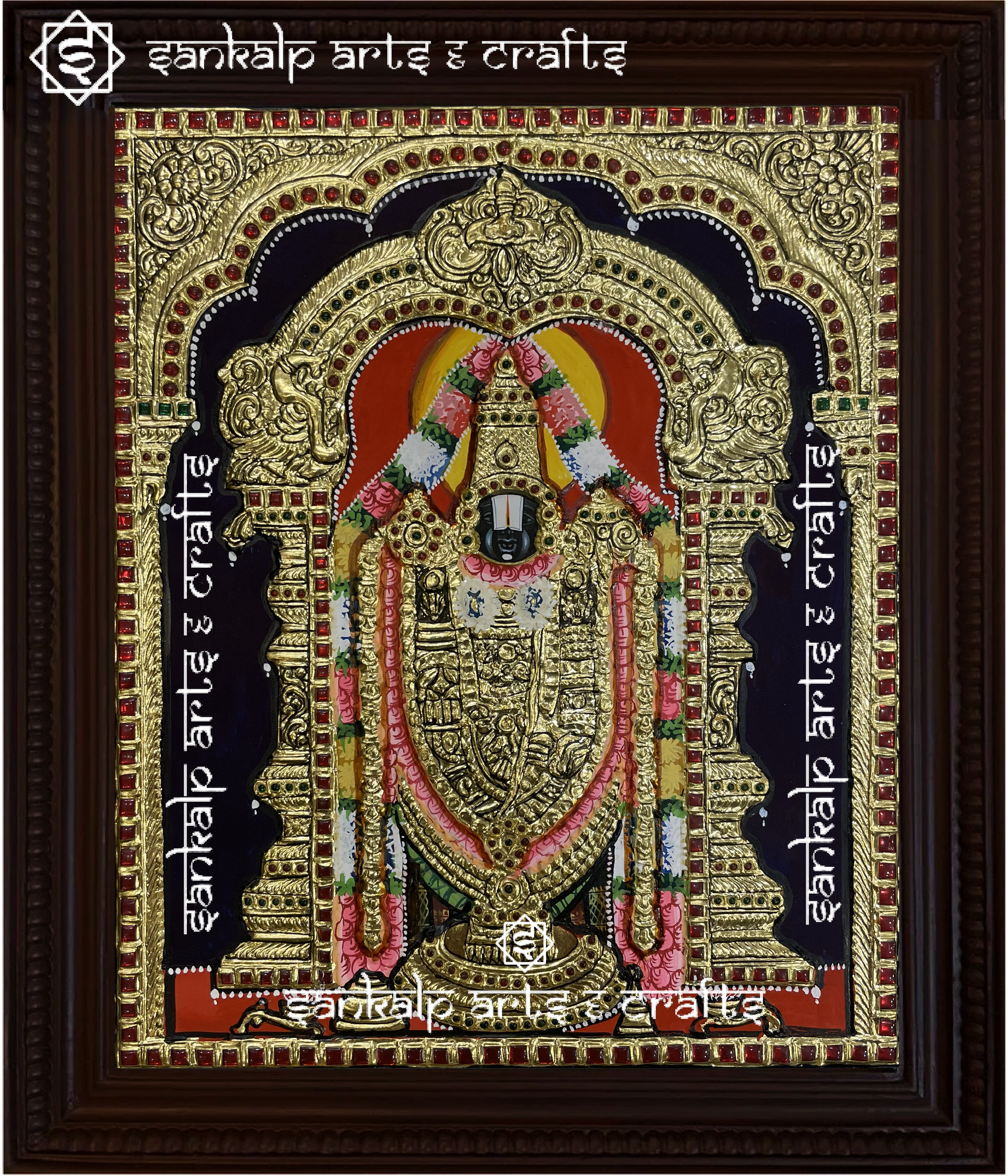 A beautifully handcrafted Balaji Tanjore painting featuring Lord Venkateswara adorned with intricate gold foil detailing, vibrant colors, and exquisite embellishments. This divine artwork symbolizes devotion, prosperity, and blessings.

