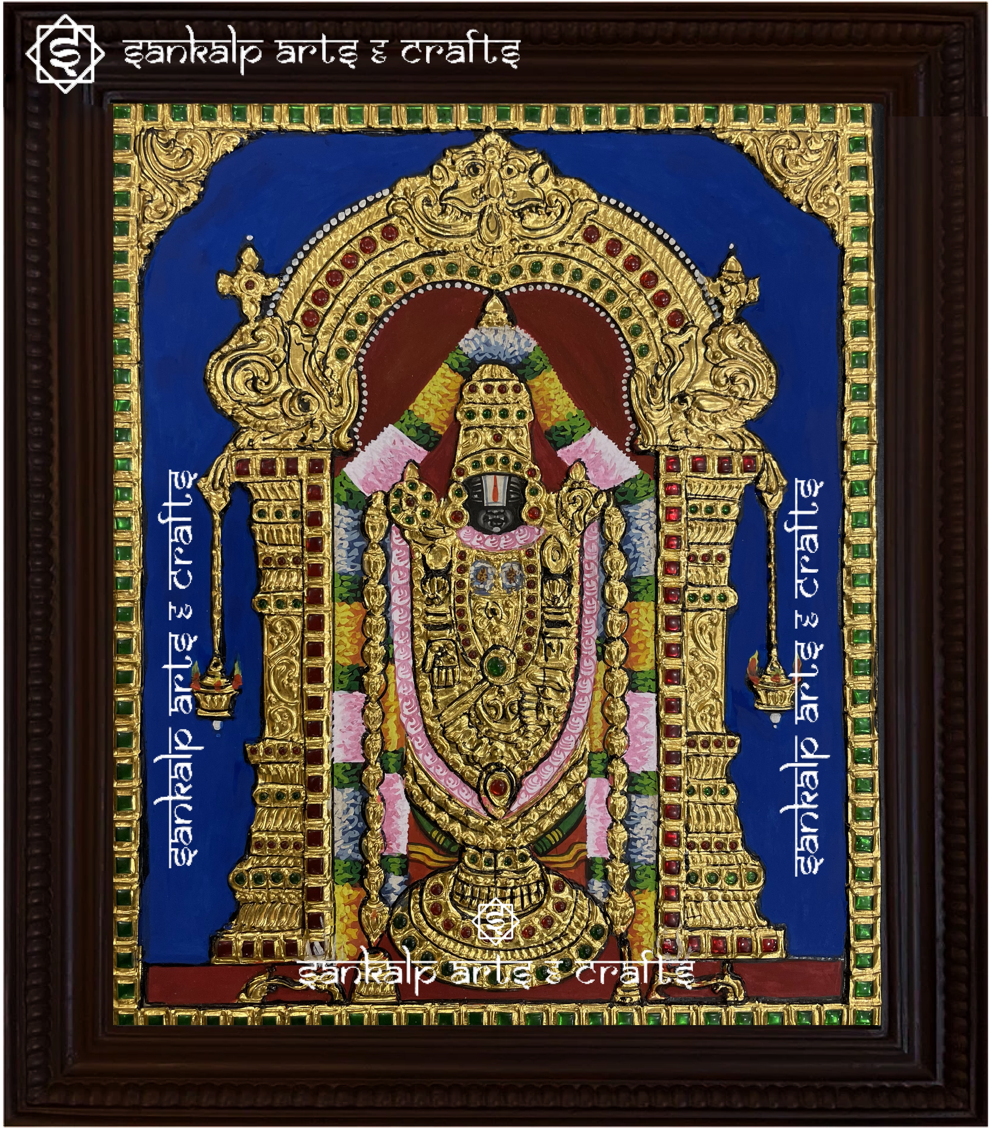 A divine antique-style Tanjore painting of Lord Balaji, adorned with intricate gold foil work, perfect for home decor in Chennai & Bangalore.

