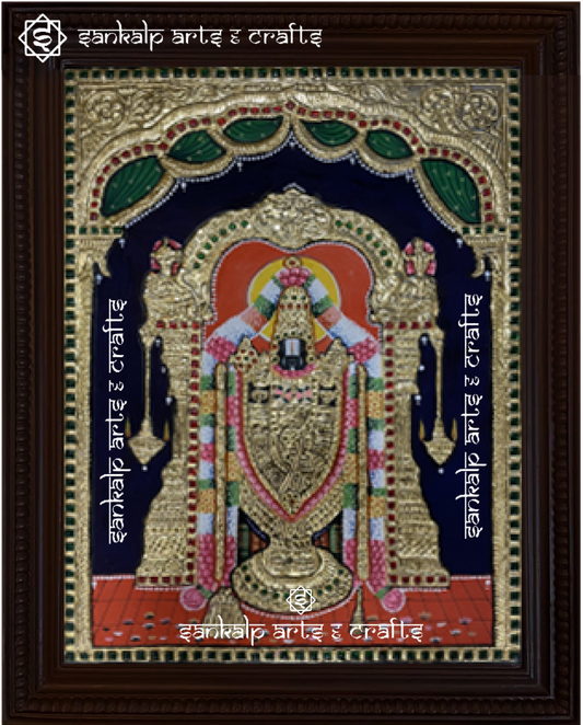 A beautifully framed Tanjore painting of Lord Balaji, richly adorned with gold foil detailing. A perfect decor piece for homes in Chennai & Bangalore.