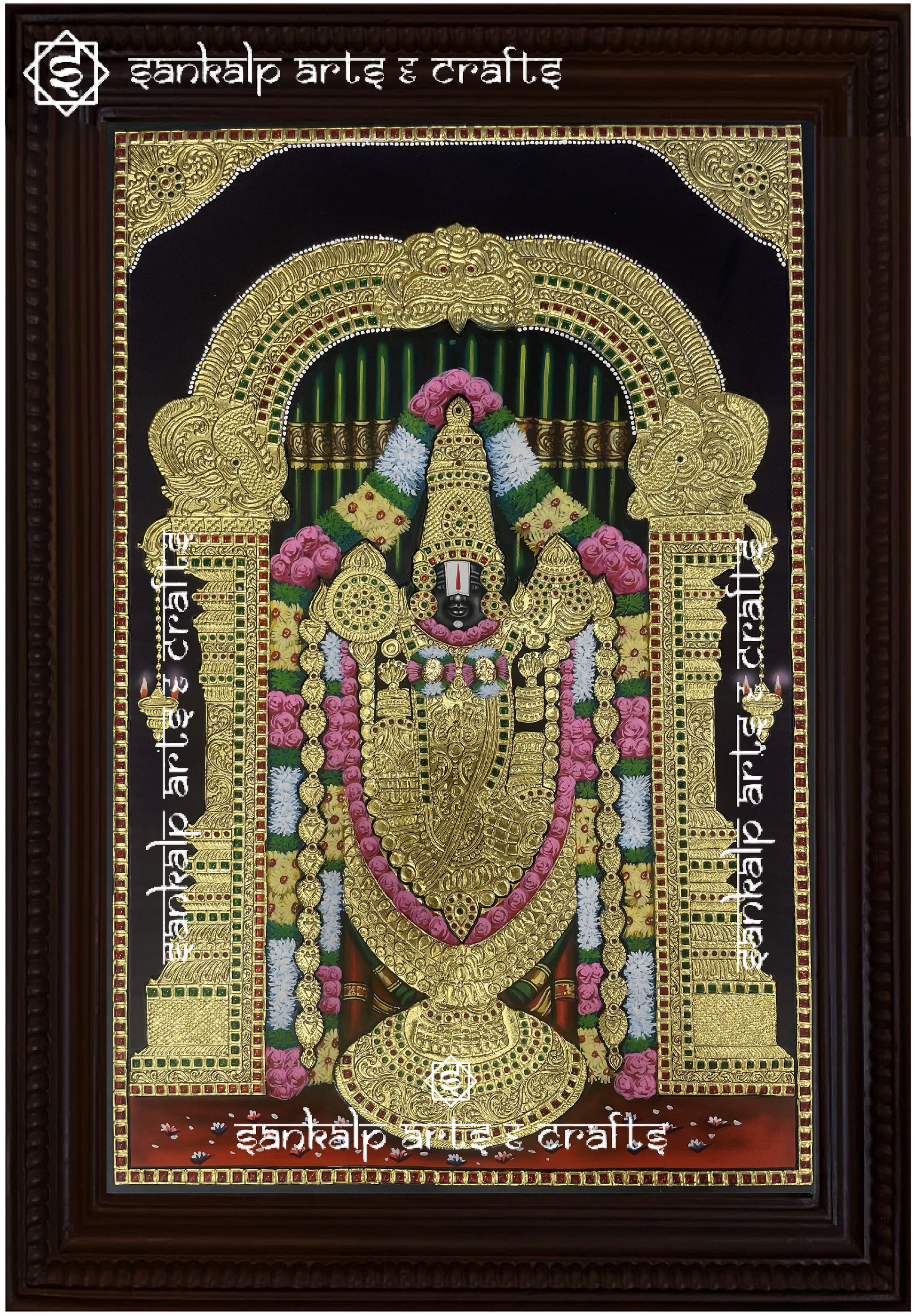 A beautifully framed Tanjore painting of Lord Balaji, featuring intricate gold detailing and vibrant colors. A perfect decor piece for homes in Chennai & Bangalore.
