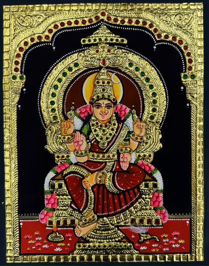 Close-up of the Bhuvaneshwari Tanjore painting, highlighting the intricate gold details and the divine portrayal of the goddess, perfect for adding a sacred touch to any room.