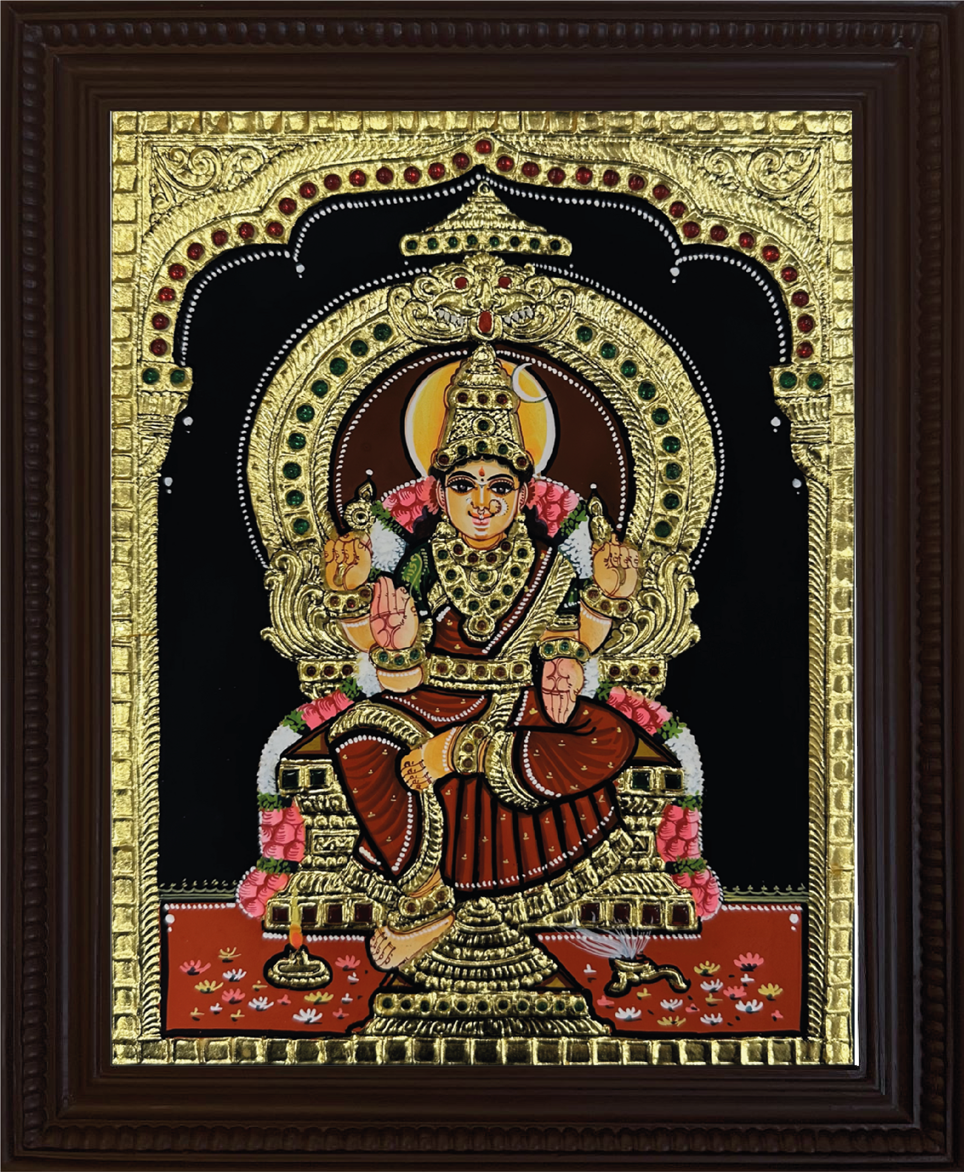A beautiful Bhuvaneshwari Tanjore painting, intricately depicting the goddess with vibrant colors and detailed gold foil work, showcasing traditional Indian artistry.