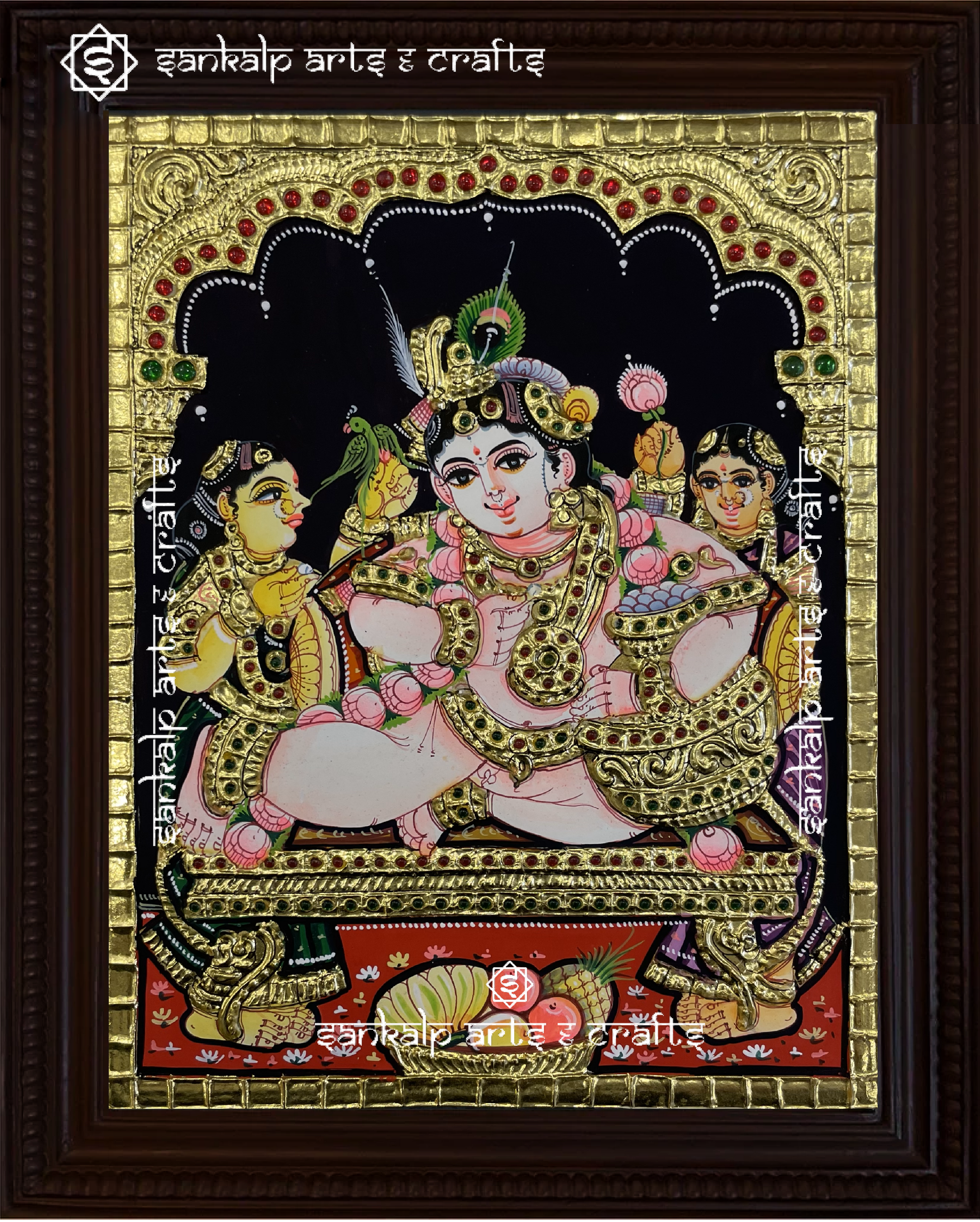 A beautifully framed Butter Krishna Tanjore painting, handcrafted with rich gold foil detailing and vibrant colors, perfect for homes in Chennai & Bangalore.