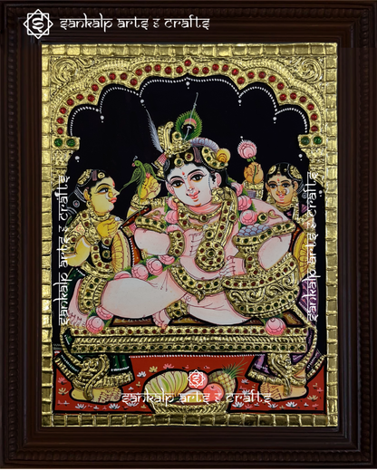 A beautifully framed Butter Krishna Tanjore painting, handcrafted with rich gold foil detailing and vibrant colors, perfect for homes in Chennai & Bangalore.