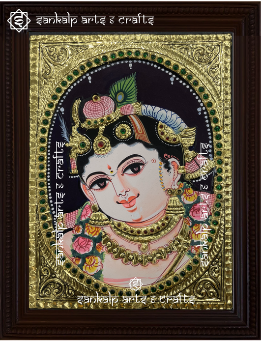 A beautifully handcrafted Butter Krishna Tanjore painting depicting Lord Krishna joyfully enjoying butter, adorned with intricate gold foil detailing and vibrant traditional colors, capturing the essence of his playful divine nature.

