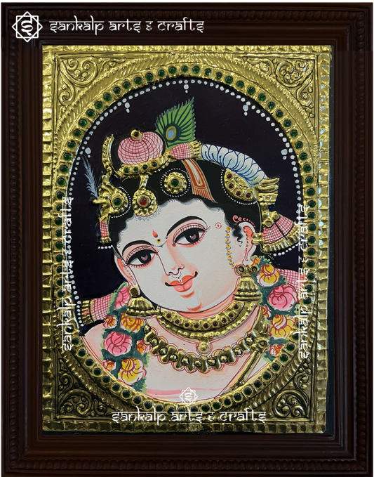 A stunning framed Tanjore painting of Baby Krishna joyfully stealing butter, adorned with gold foil detailing. A perfect spiritual decor piece for homes in Chennai & Bangalore.

