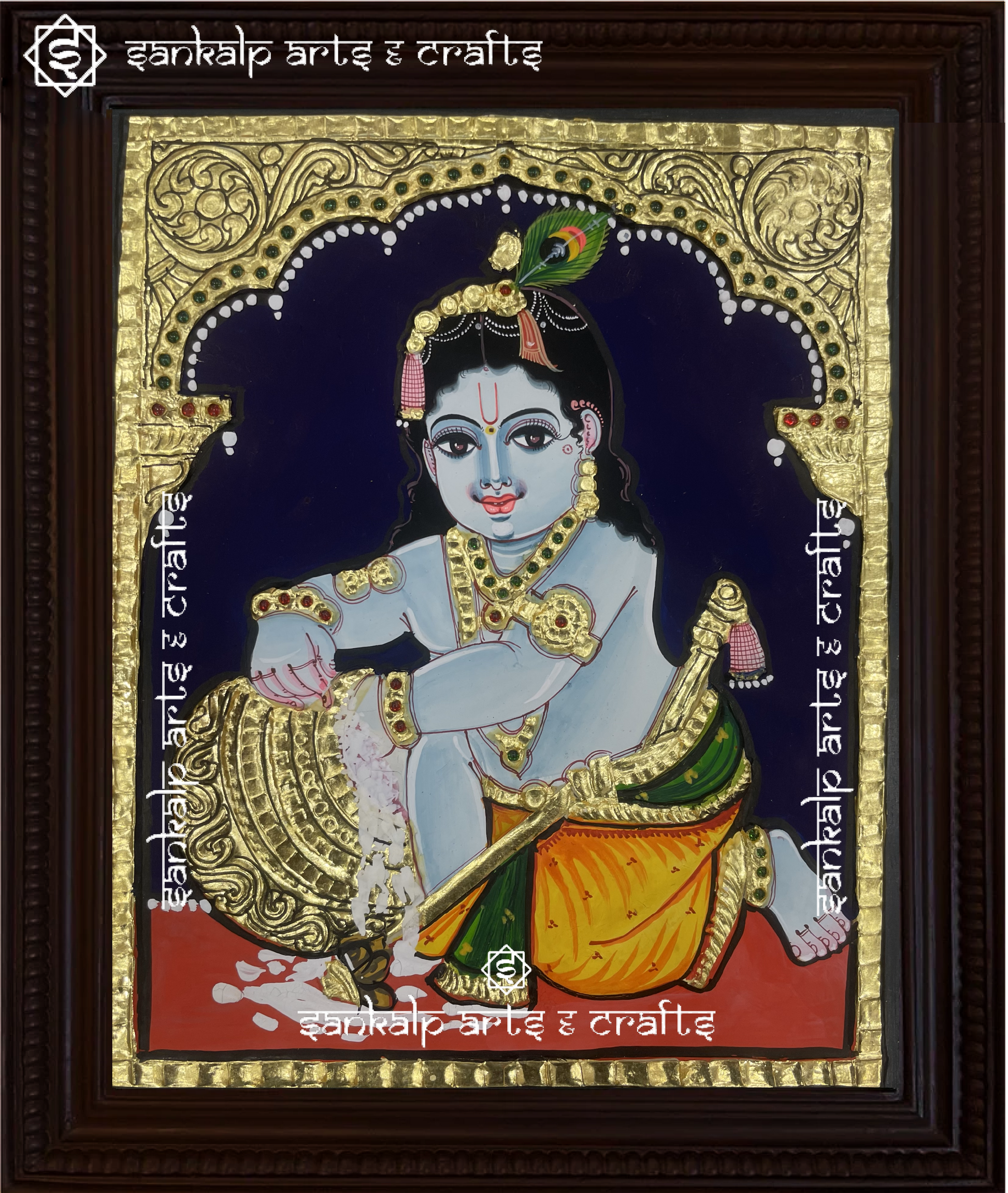 This traditional Butter Krishna Tanjore painting adds a spiritual touch to decor, bringing divine charm to homes in Chennai & Bangalore.

