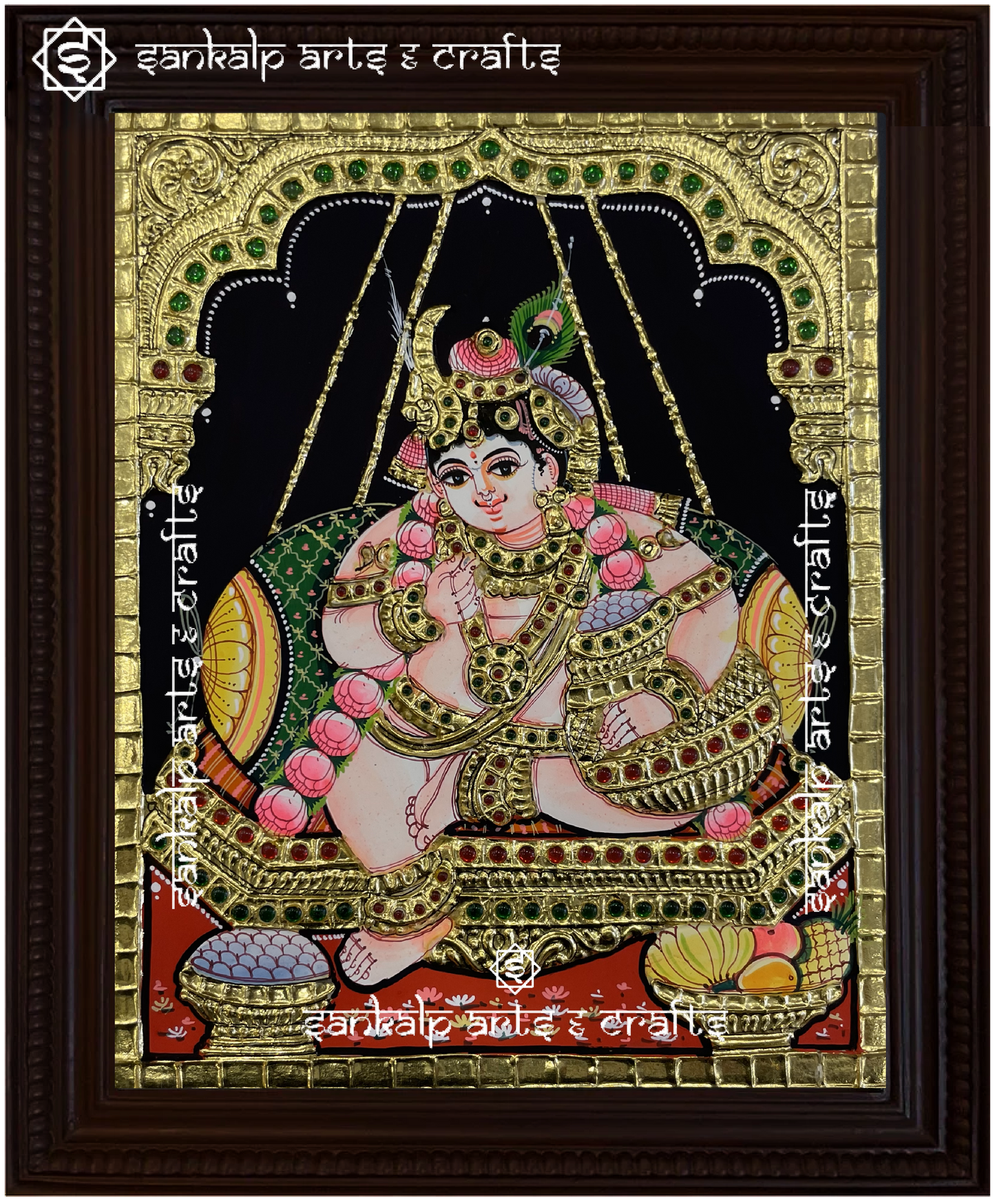 A handcrafted Butter Krishna Tanjore painting, adorned with rich gold foil and intricate details, framed to enhance divine decor in Chennai & Bangalore.