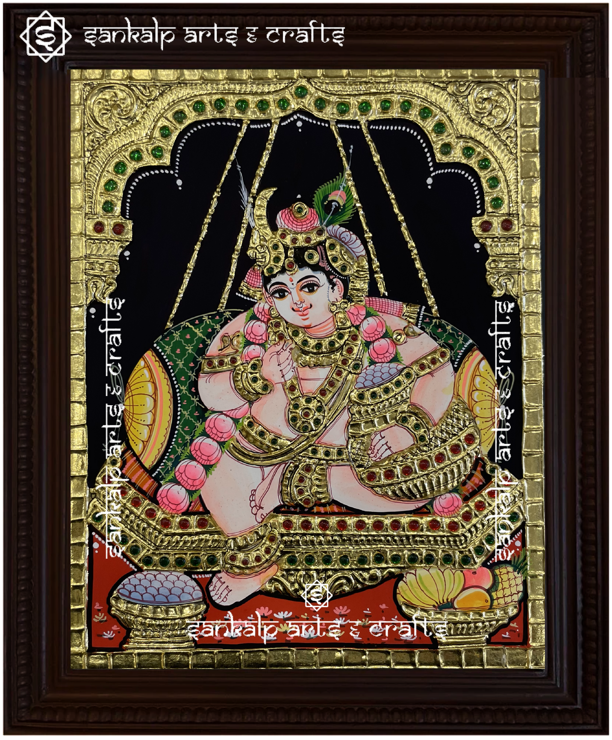 A handcrafted Butter Krishna Tanjore painting, adorned with rich gold foil and intricate details, framed to enhance divine decor in Chennai & Bangalore.
