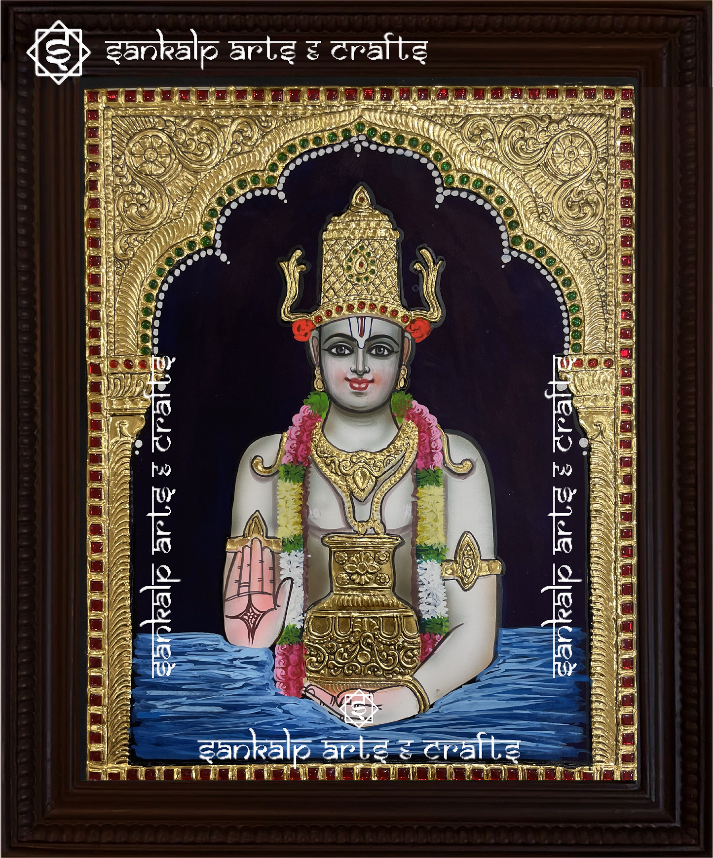 A beautifully handcrafted Dhanvantari Tanjore painting depicting Lord Dhanvantari, the god of health and medicine, holding a pot of nectar, adorned with intricate gold foil detailing and vibrant colors that symbolize healing and wellness.